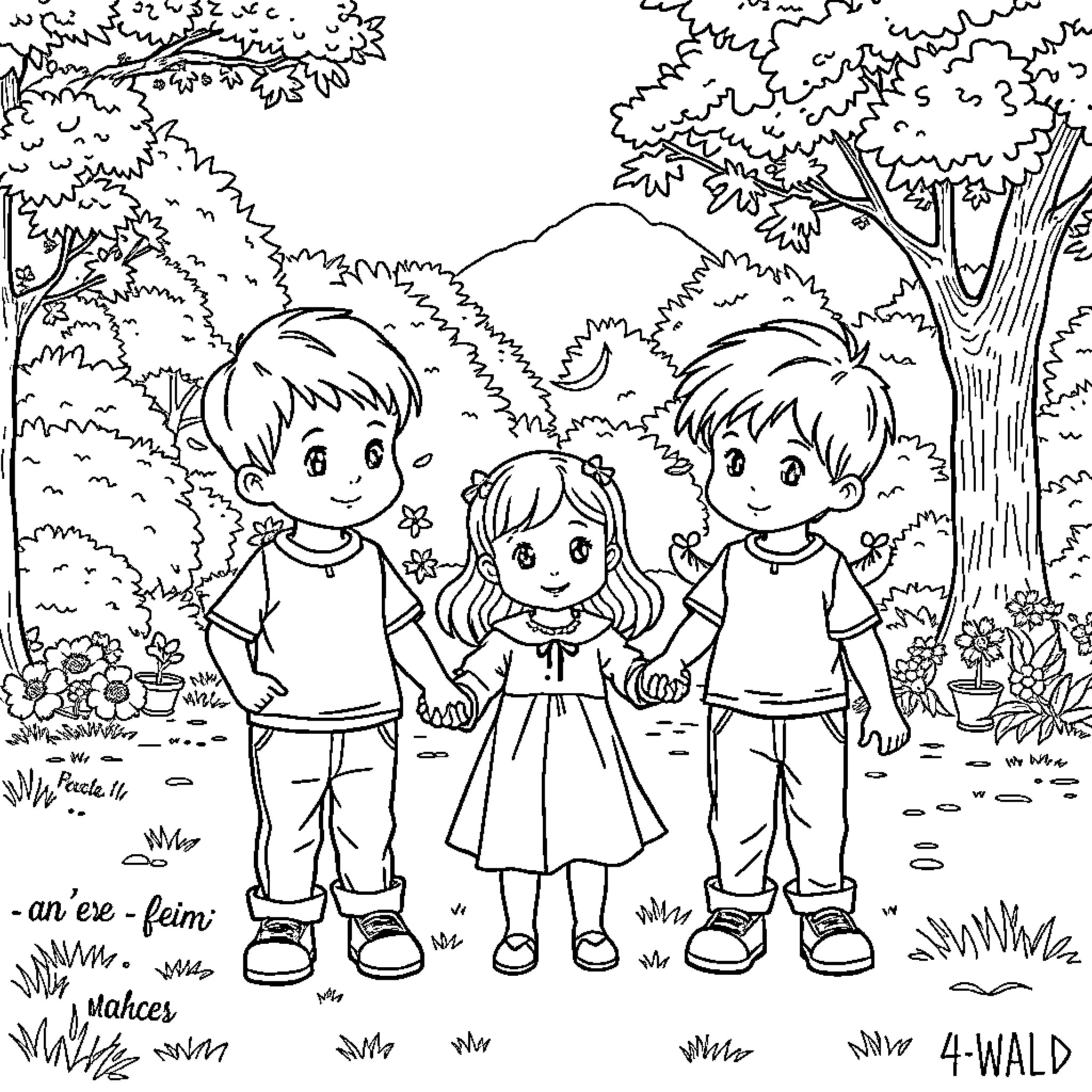 Children exploring the enchanting forest Coloring Page (free black-and-white line drawing printable PDF for all, from beginners to advanced learners, including children, teens, adults, and seniors)