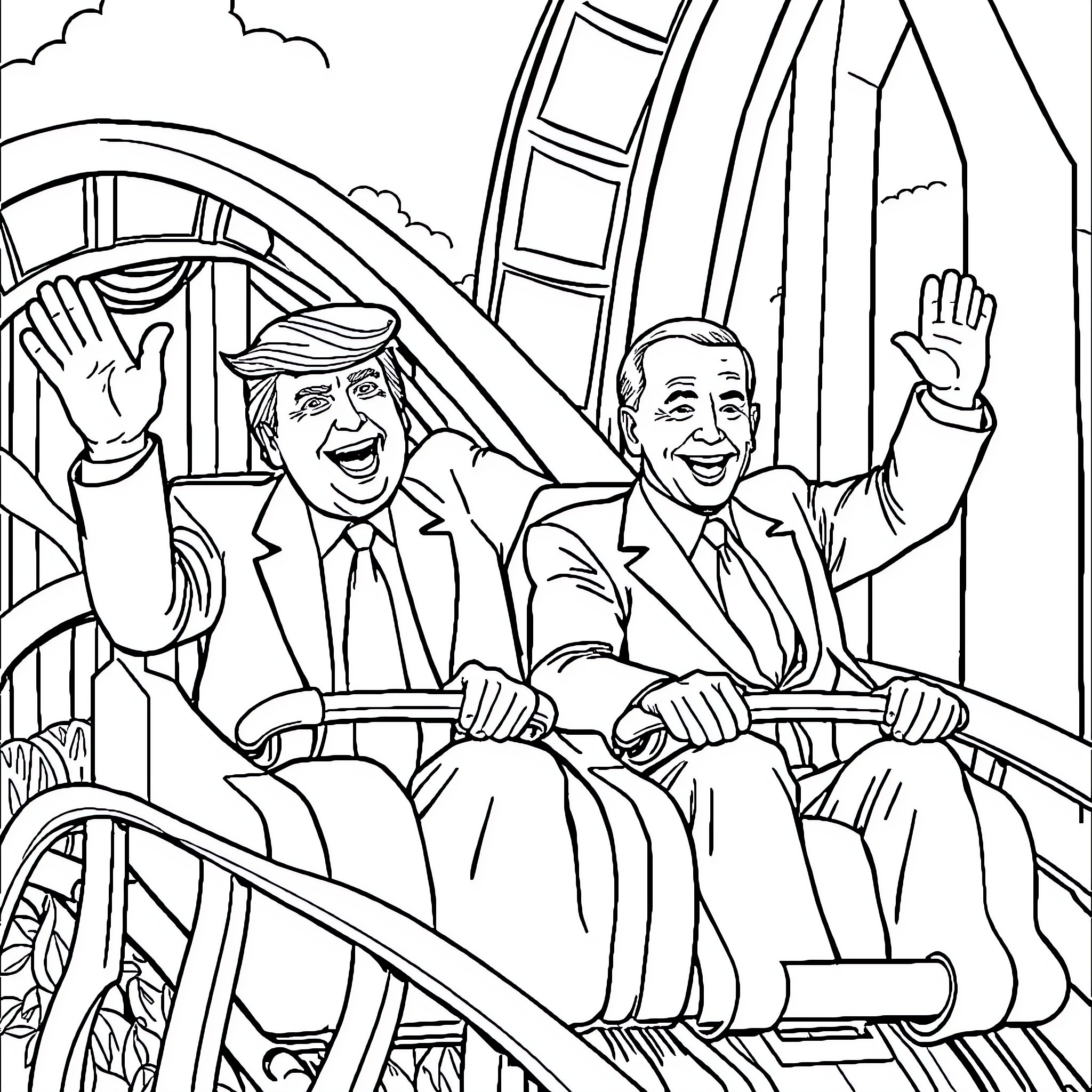 Trump and Biden enjoying a rollercoaster ride Coloring Page (free black-and-white line drawing printable PDF for all, from beginners to advanced learners, including children, teens, adults, and seniors)