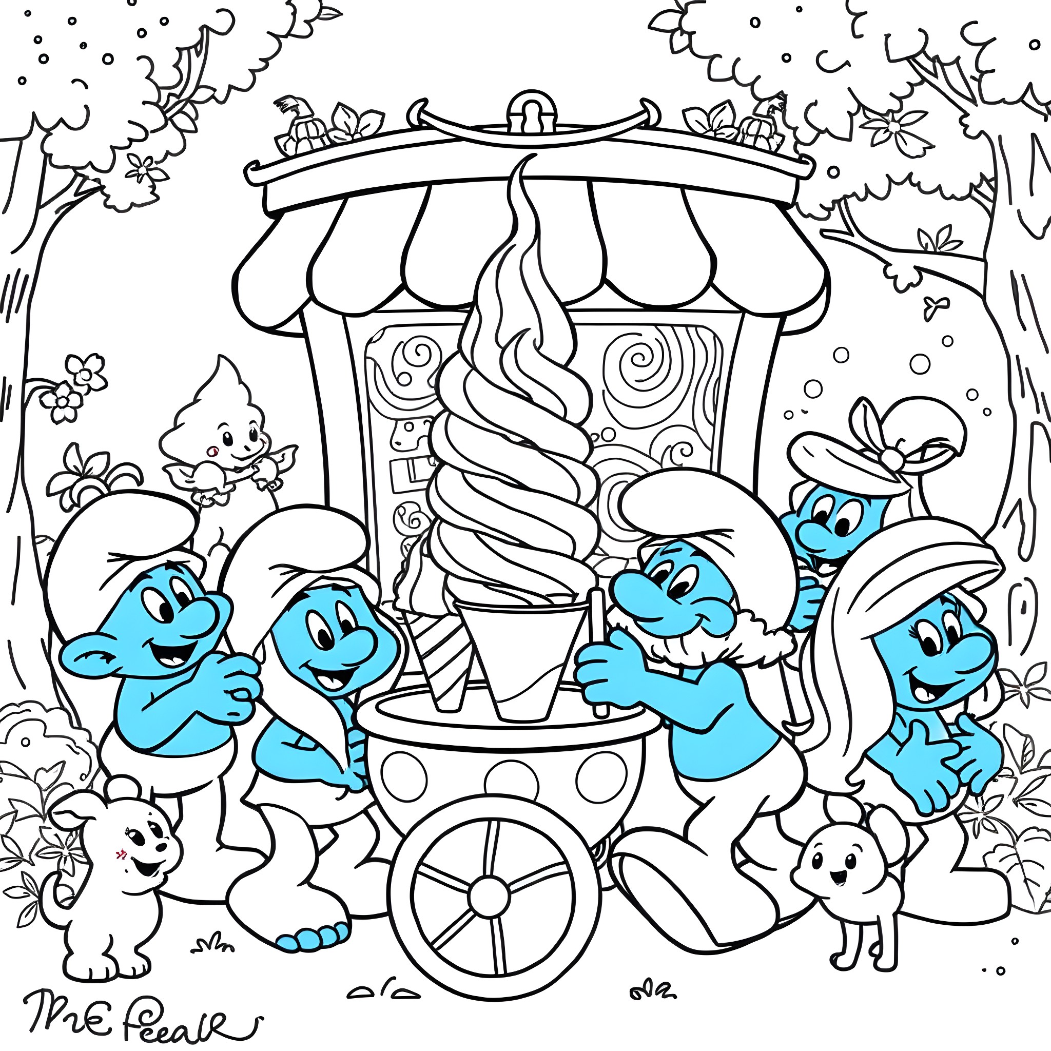 Smurf Smurfs Enjoying a Carnival Ride in the Forest Coloring Page (free black-and-white line drawing printable PDF for all, from beginners to advanced learners, including children, teens, adults, and seniors)