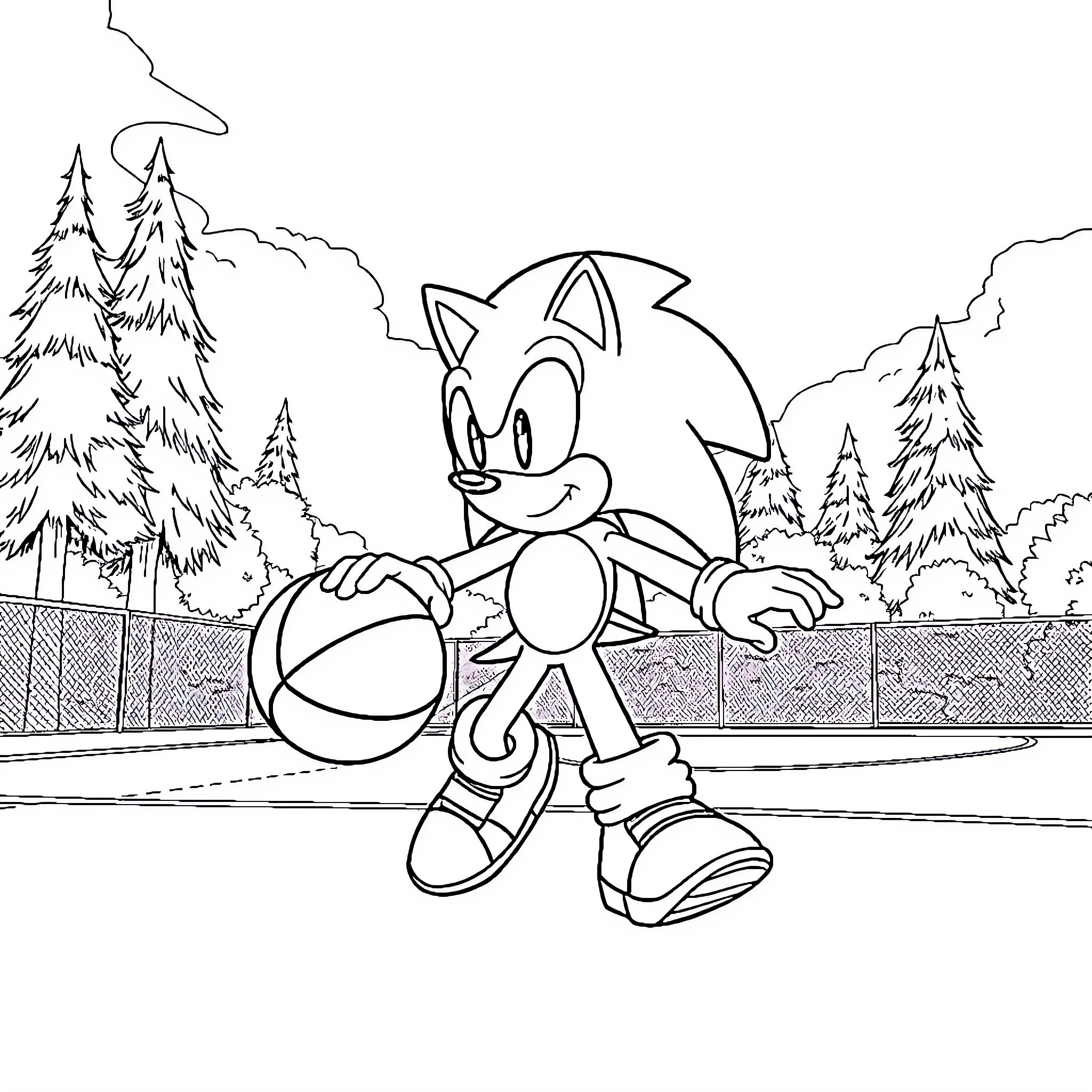 Sonic playing with a ball in a scenic landscape Coloring Page (free black-and-white line drawing printable PDF for all, from beginners to advanced learners, including children, teens, adults, and seniors)
