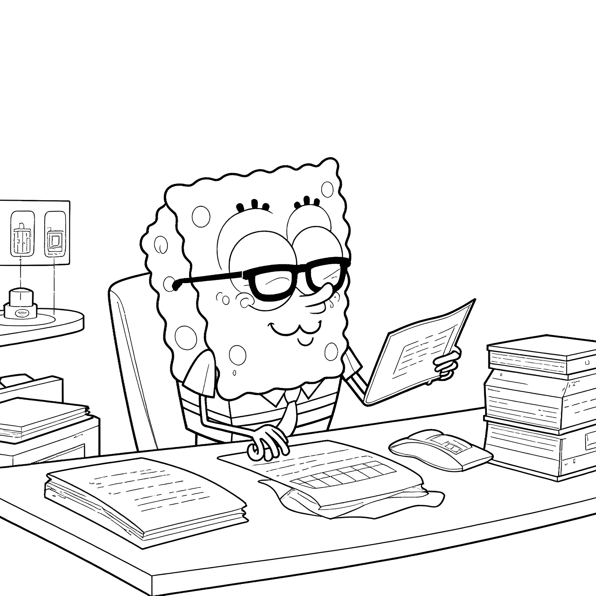 Spongebob working diligently at his desk Coloring Page (free black-and-white line drawing printable PDF for all, from beginners to advanced learners, including children, teens, adults, and seniors)