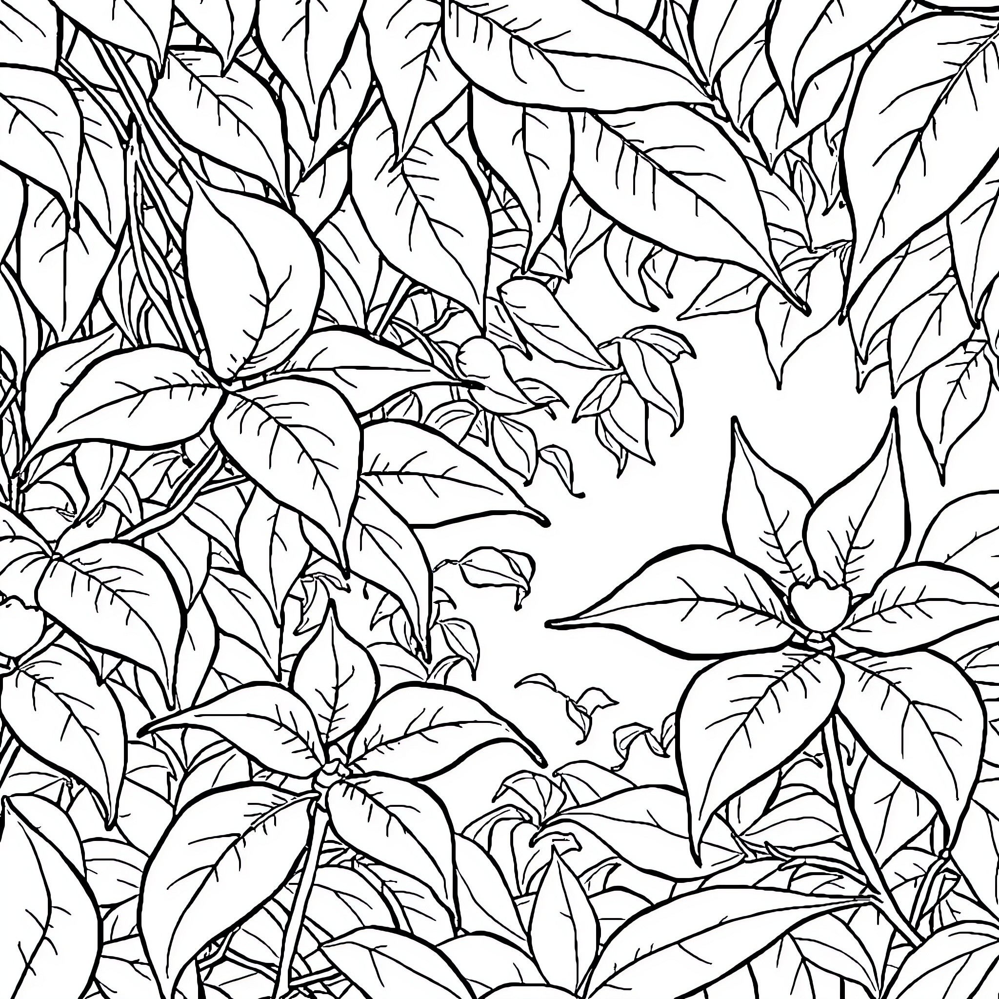 Sound of Lush Foliage in the Jungle Coloring Page (free black-and-white line drawing printable PDF for all, from beginners to advanced learners, including children, teens, adults, and seniors)