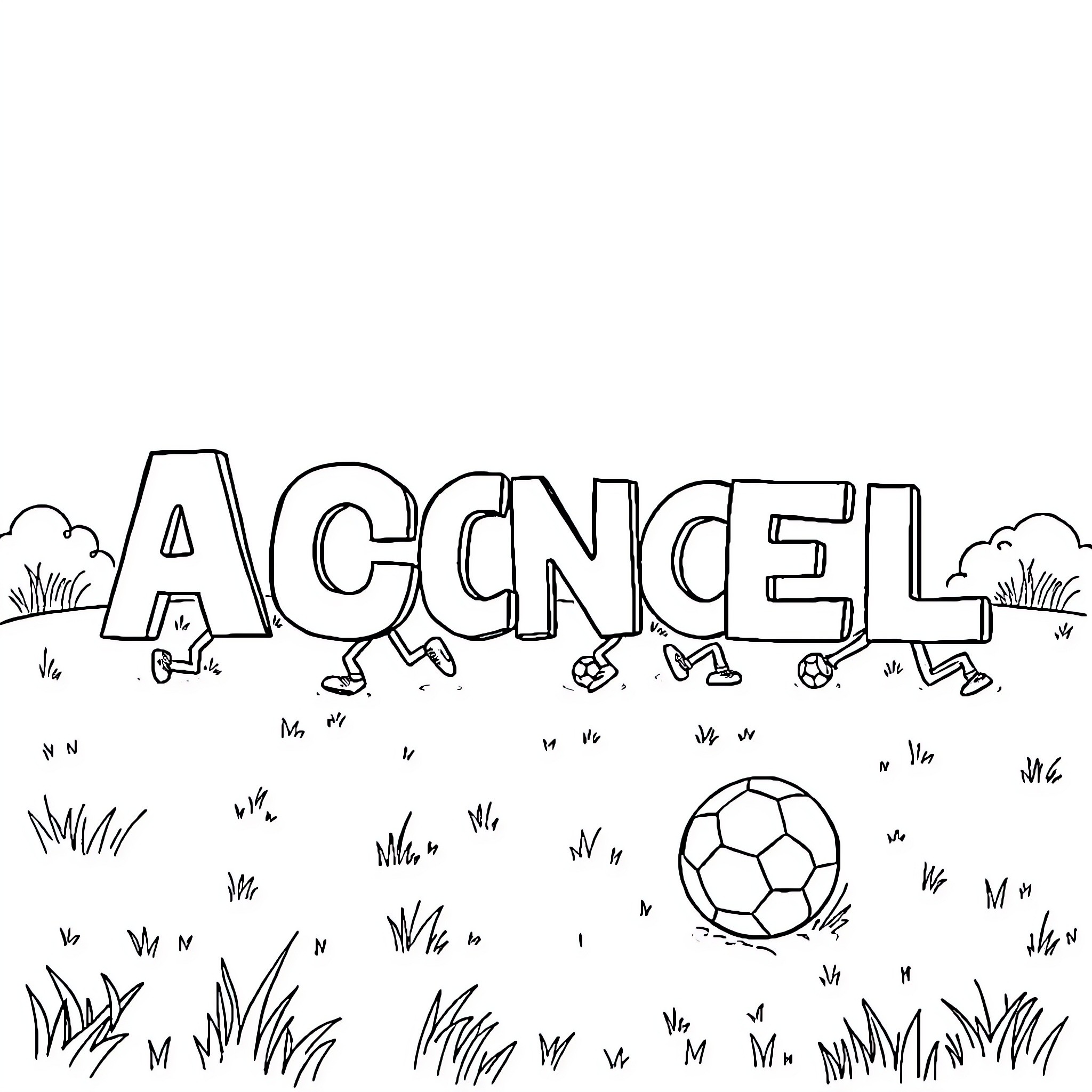Alphabet characters playing soccer in the field Coloring Page (free black-and-white line drawing printable PDF for all, from beginners to advanced learners, including children, teens, adults, and seniors)