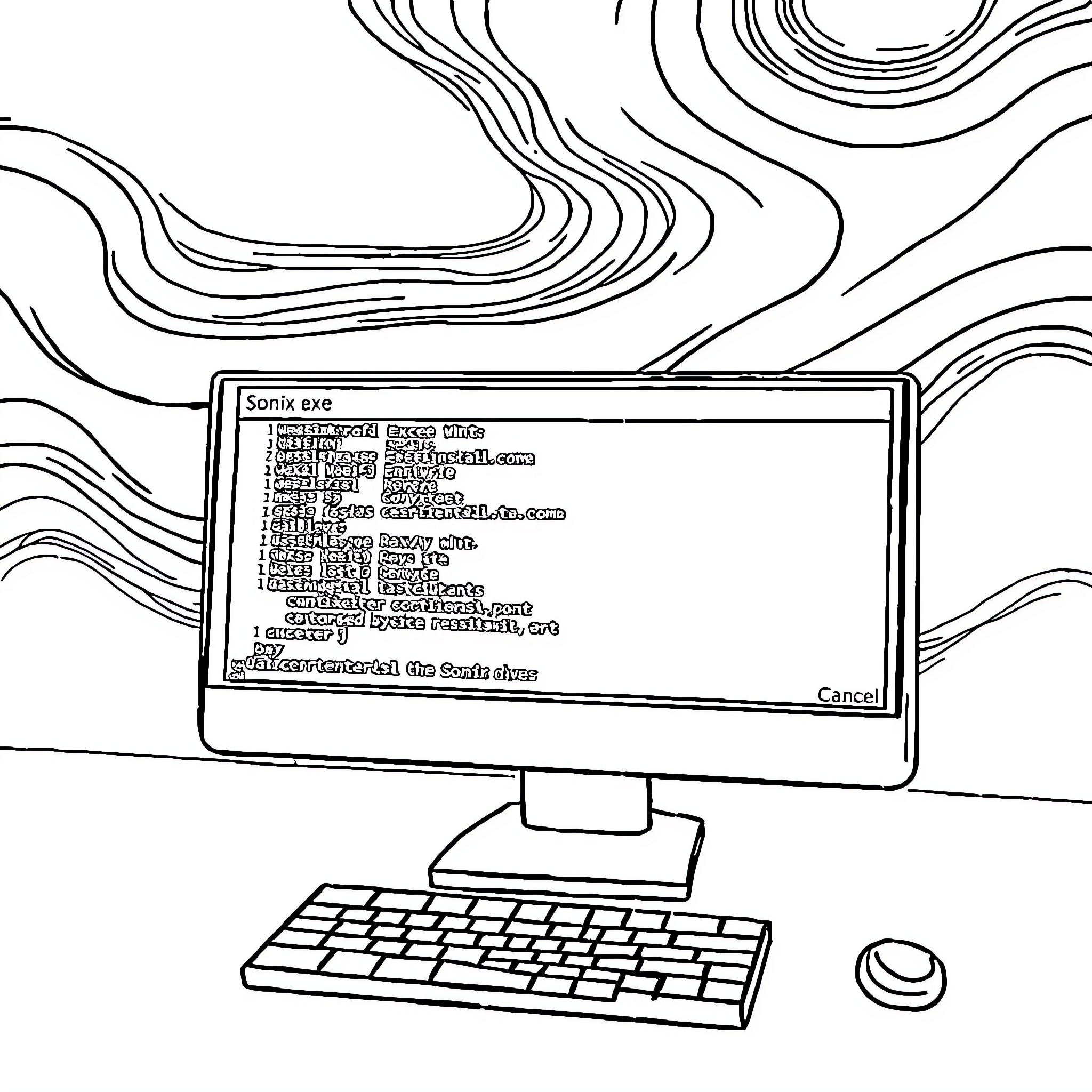 Sonix Coding Environment on Computer Display Coloring Page (free black-and-white line drawing printable PDF for all, from beginners to advanced learners, including children, teens, adults, and seniors)