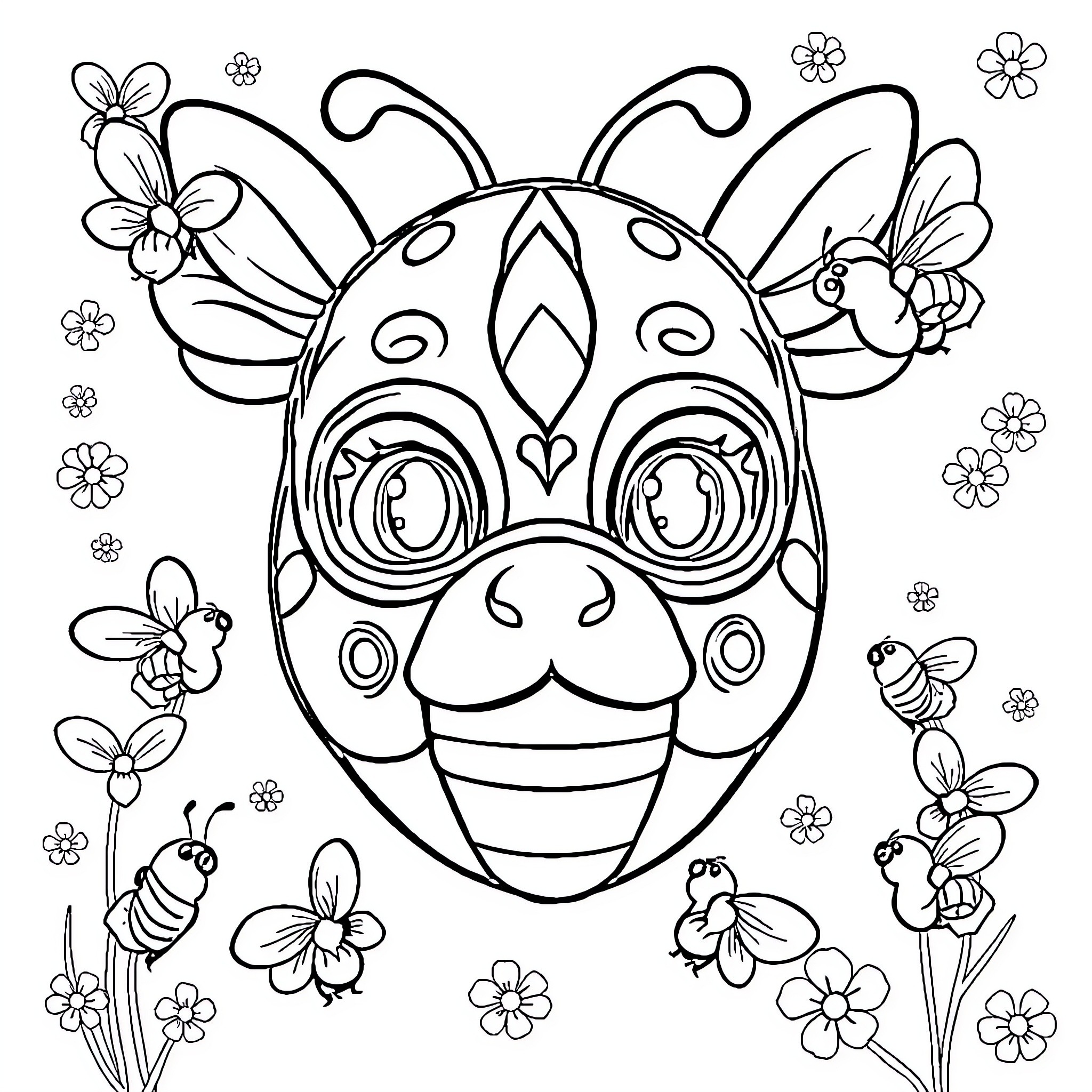 Bee-utiful Mask with Floral Flair Coloring Page (free black-and-white line drawing printable PDF for all, from beginners to advanced learners, including children, teens, adults, and seniors)