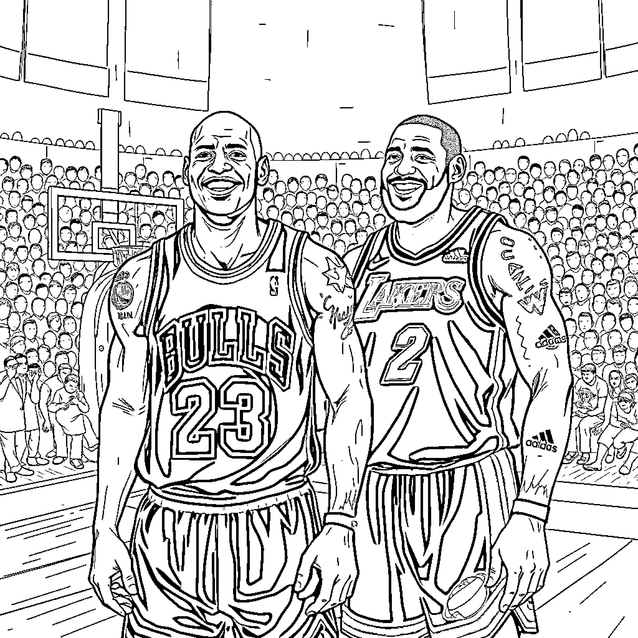 Michael Jordan and teammate on basketball court Coloring Page (free black-and-white line drawing printable PDF for all, from beginners to advanced learners, including children, teens, adults, and seniors)