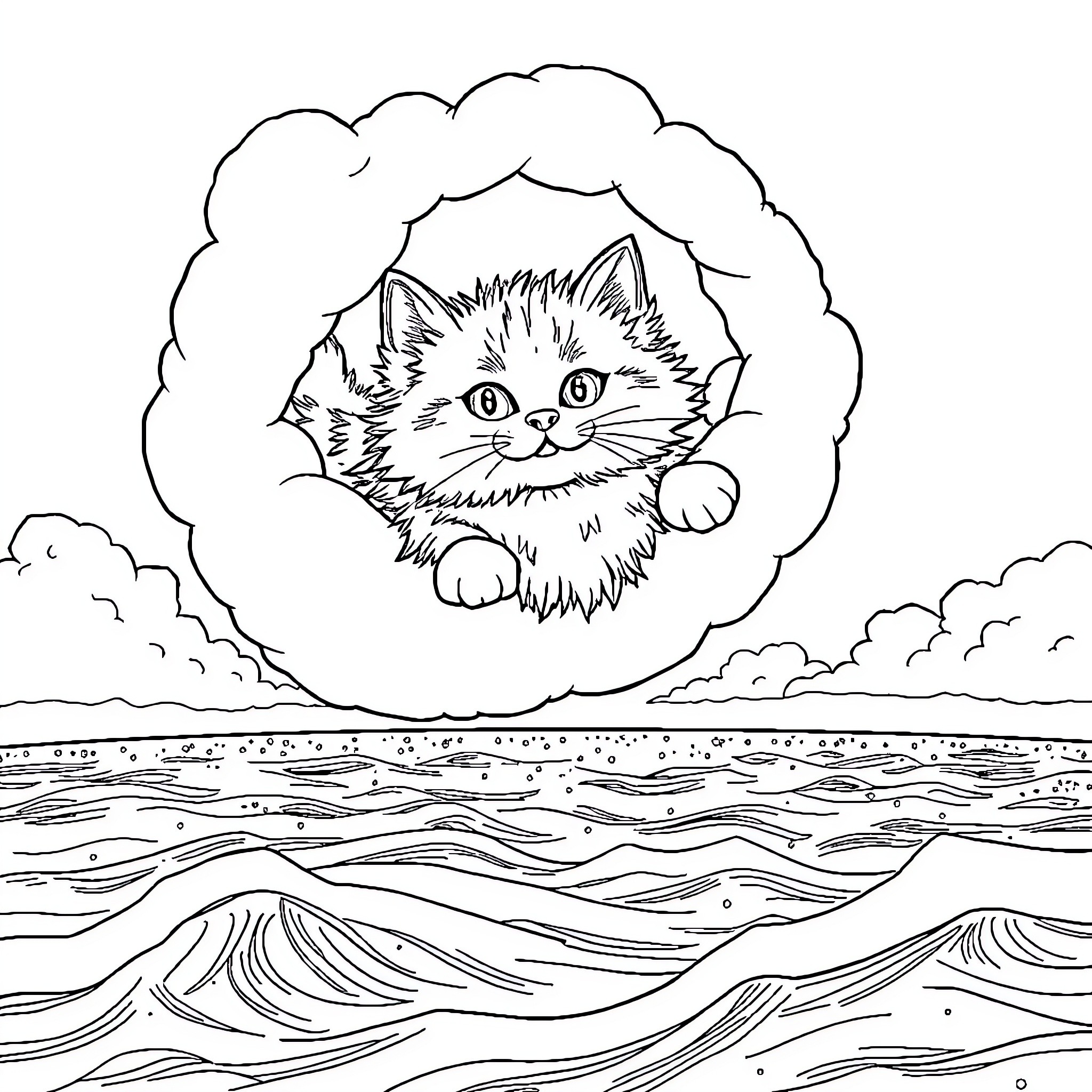 Cat floating in the clouds Coloring Page (free black-and-white line drawing printable PDF for all, from beginners to advanced learners, including children, teens, adults, and seniors)