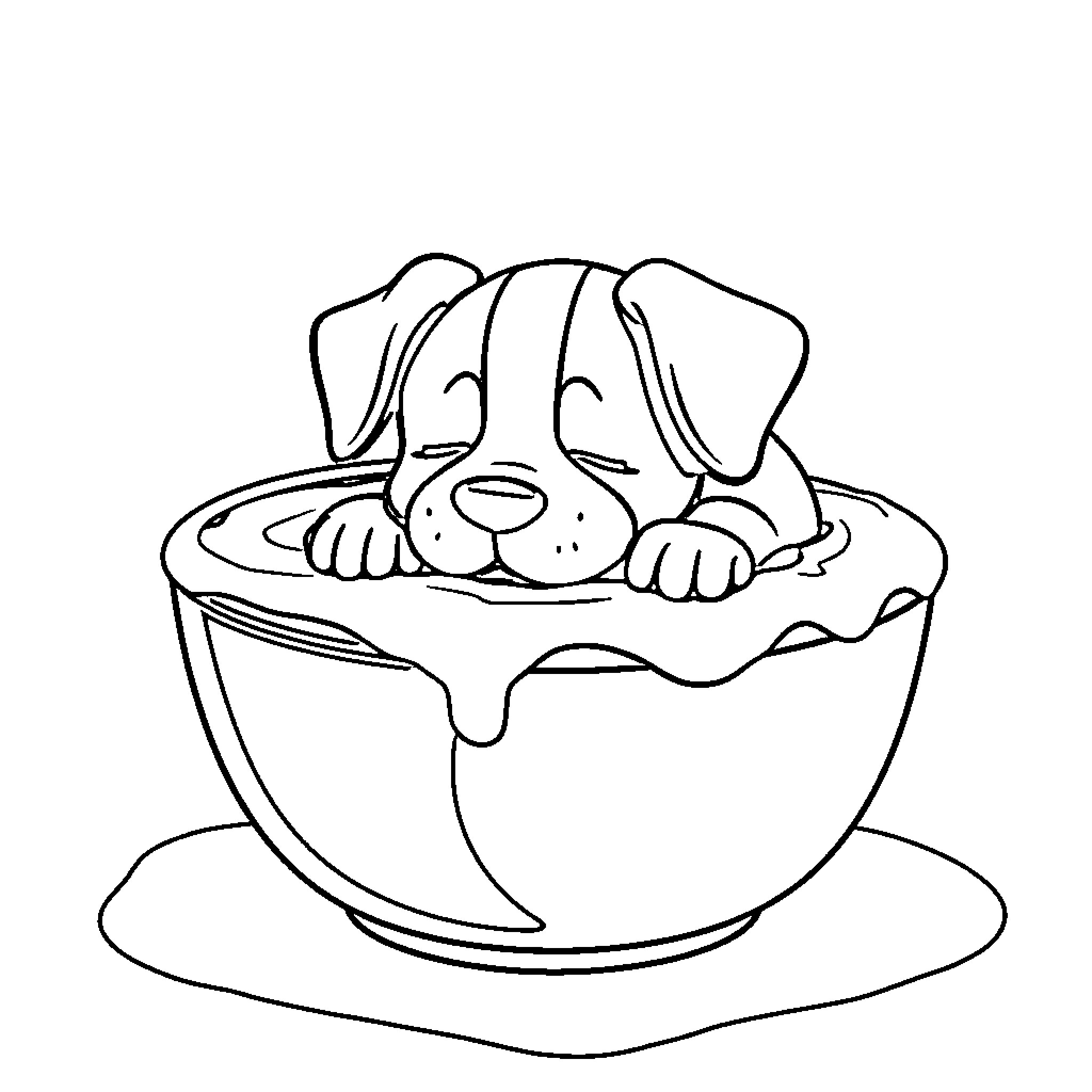 Dog relaxing in a cozy bowl Coloring Page (free black-and-white line drawing printable PDF for all, from beginners to advanced learners, including children, teens, adults, and seniors)