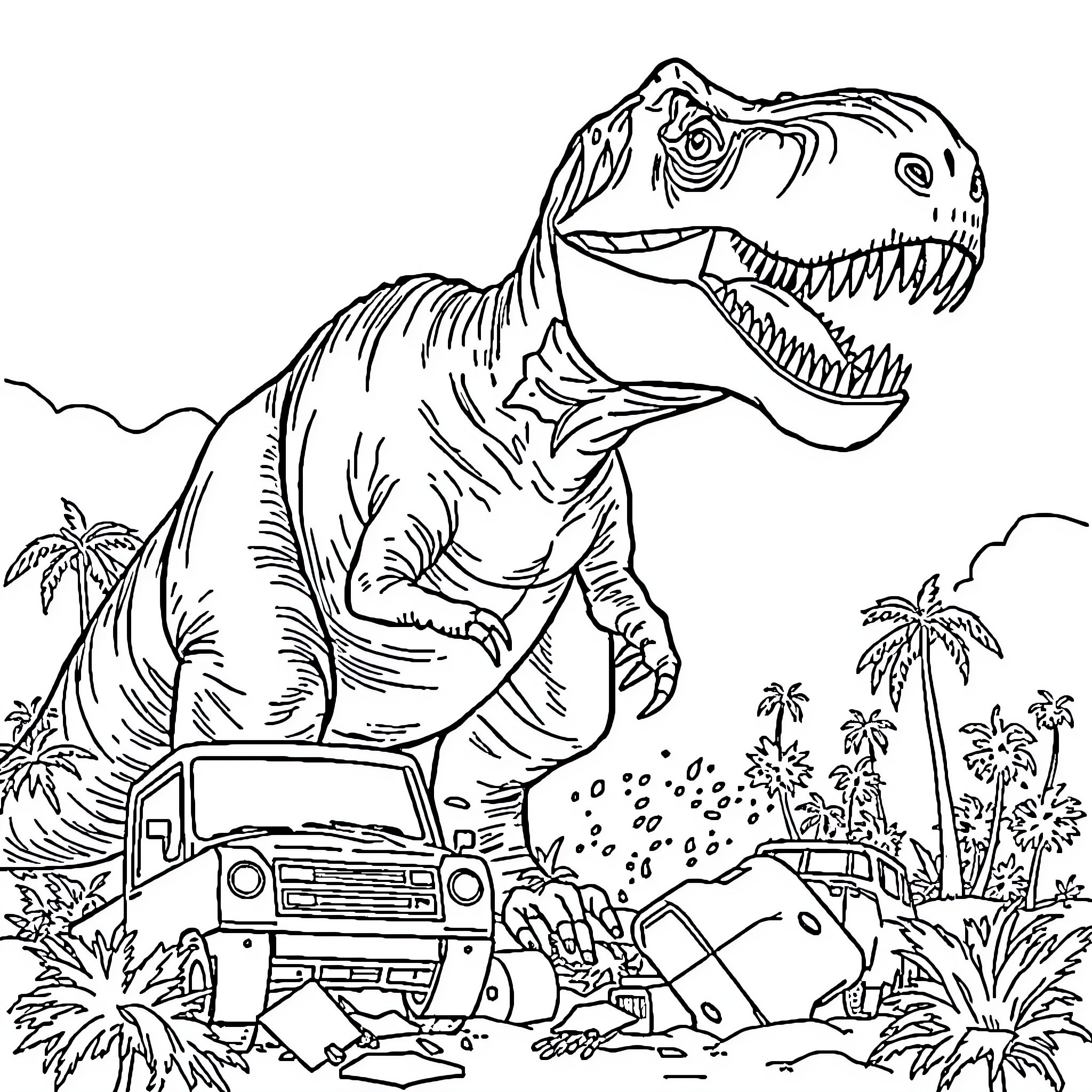 T-Rex Stomping Through Prehistoric Ruins Coloring Page (free black-and-white line drawing printable PDF for all, from beginners to advanced learners, including children, teens, adults, and seniors)
