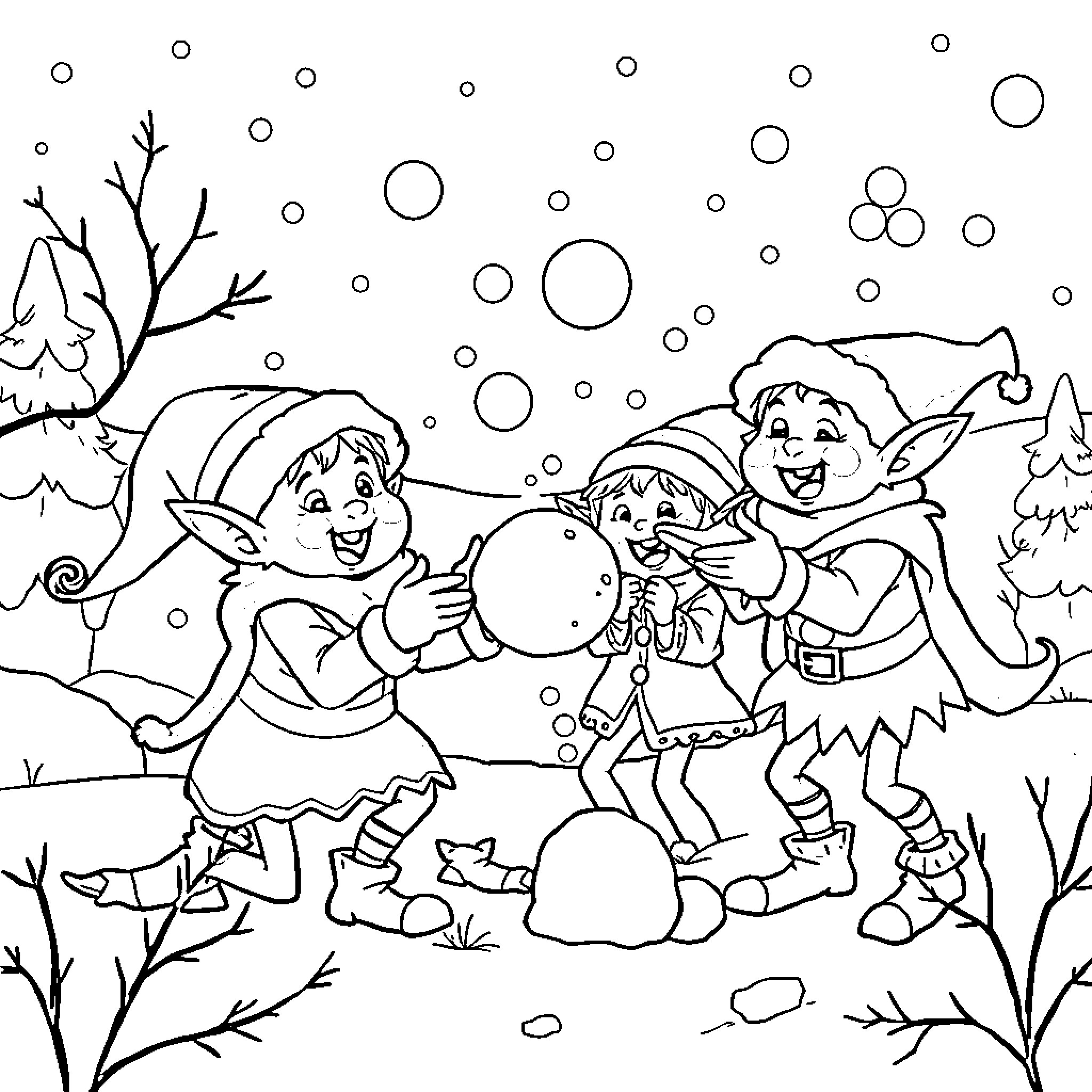 Elf family playing in the winter wonderland Coloring Page (free black-and-white line drawing printable PDF for all, from beginners to advanced learners, including children, teens, adults, and seniors)