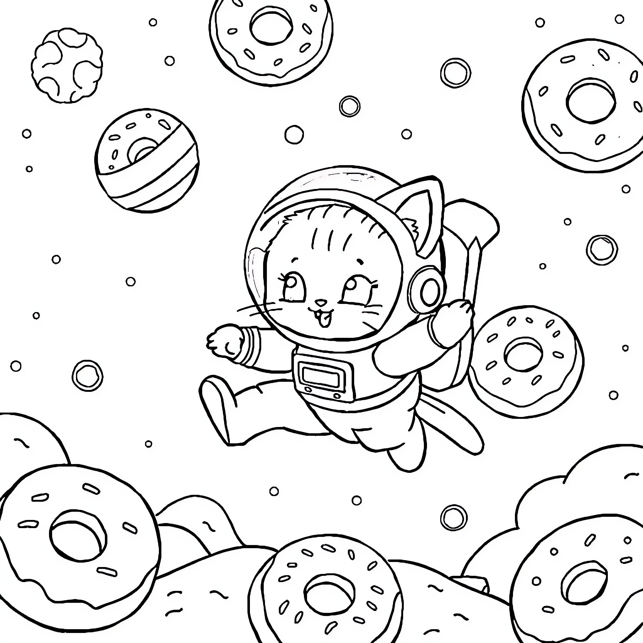 Kitten drifting in a donut-filled space Coloring Page (free black-and-white line drawing printable PDF for all, from beginners to advanced learners, including children, teens, adults, and seniors)