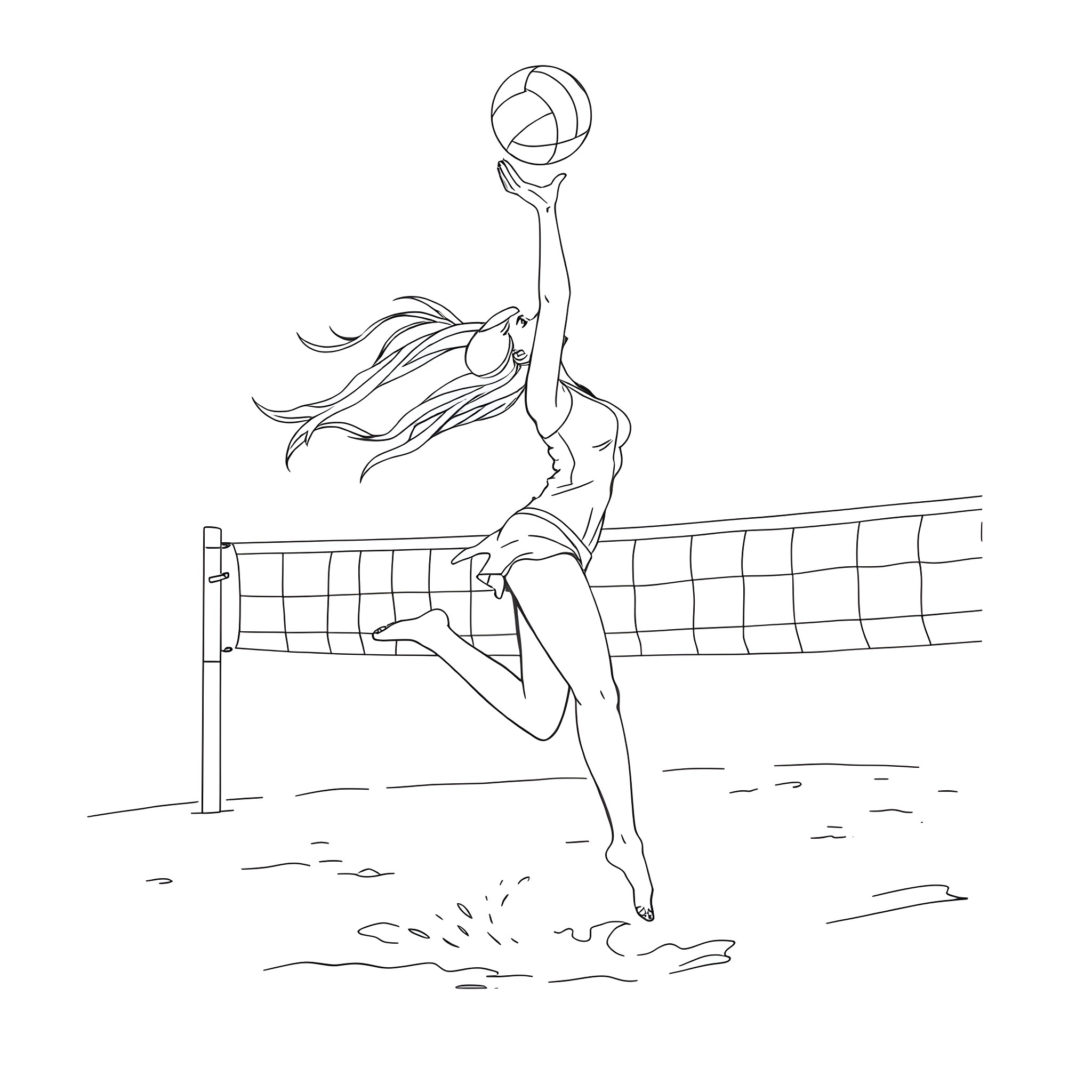Woman playing volleyball energetically on the court Coloring Page (free black-and-white line drawing printable PDF for all, from beginners to advanced learners, including children, teens, adults, and seniors)