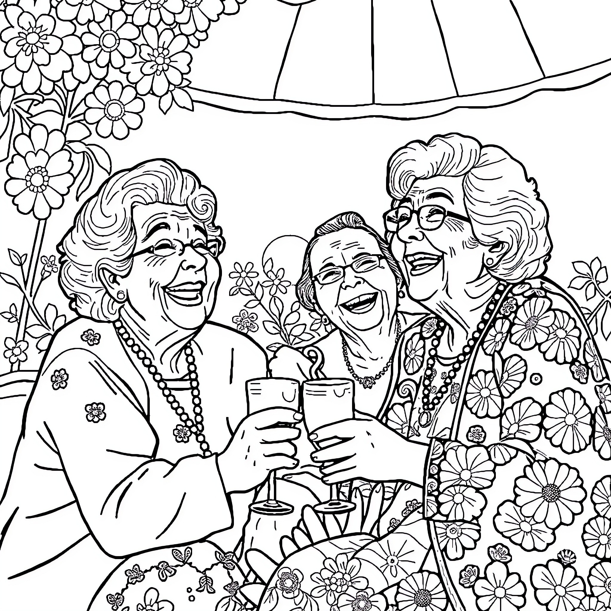 Granny's Joyful Garden Party Coloring Page (free black-and-white line drawing printable PDF for all, from beginners to advanced learners, including children, teens, adults, and seniors)