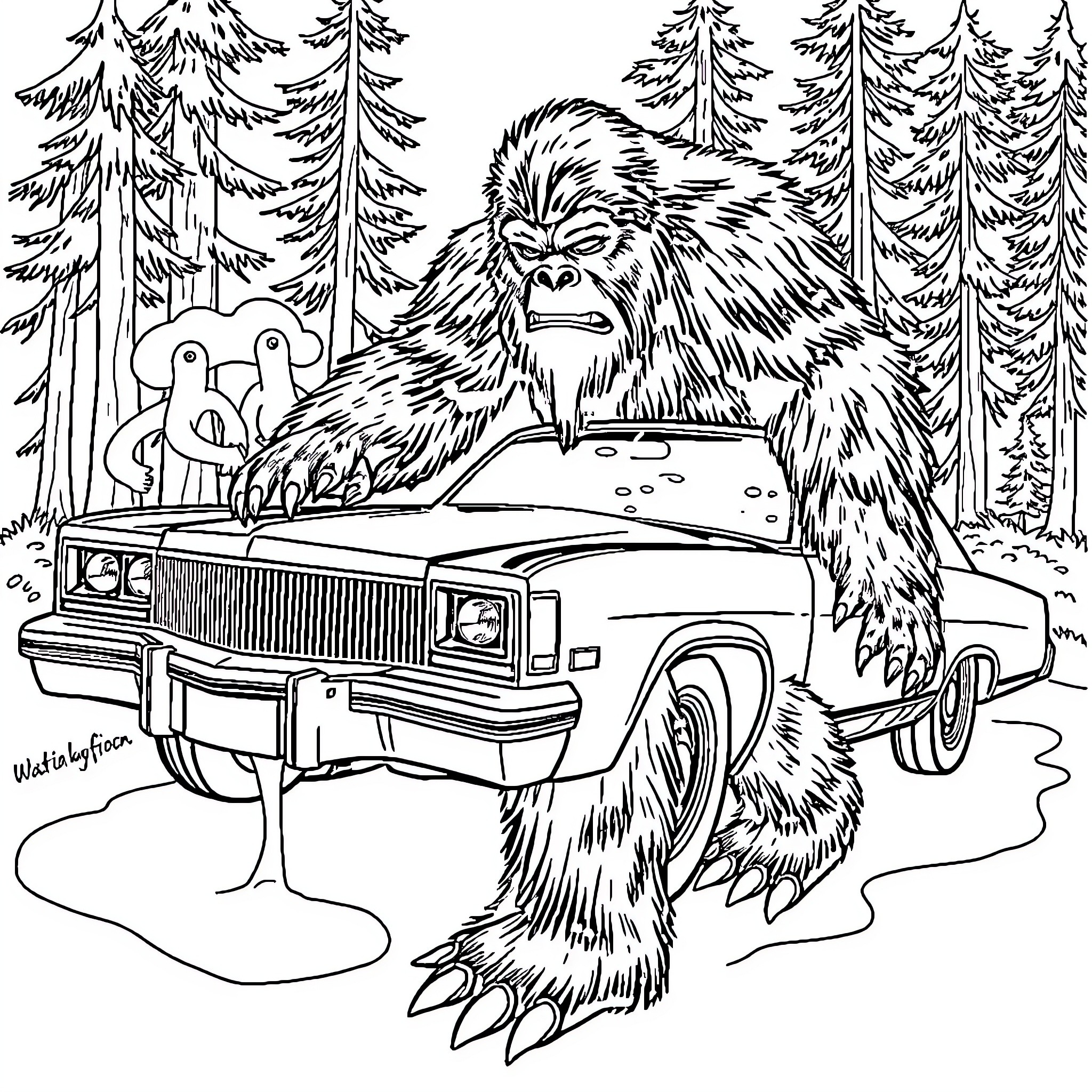 Bigfoot exploring the forest in a classic car Coloring Page (free black-and-white line drawing printable PDF for all, from beginners to advanced learners, including children, teens, adults, and seniors)