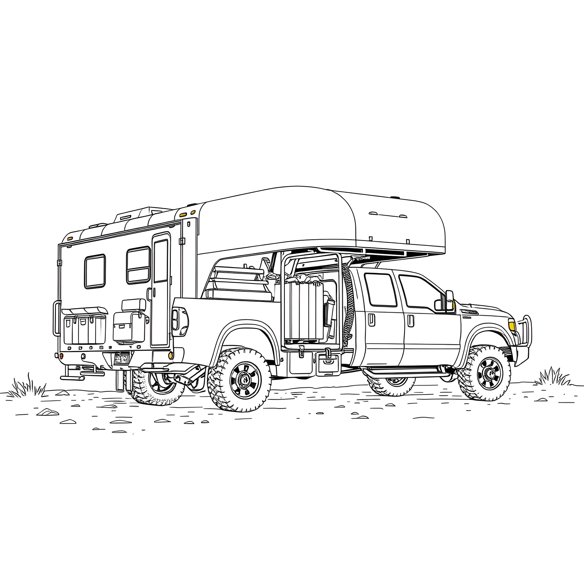 Gooseneck Trailer on Off-Road Truck Coloring Page (free black-and-white line drawing printable PDF for all, from beginners to advanced learners, including children, teens, adults, and seniors)