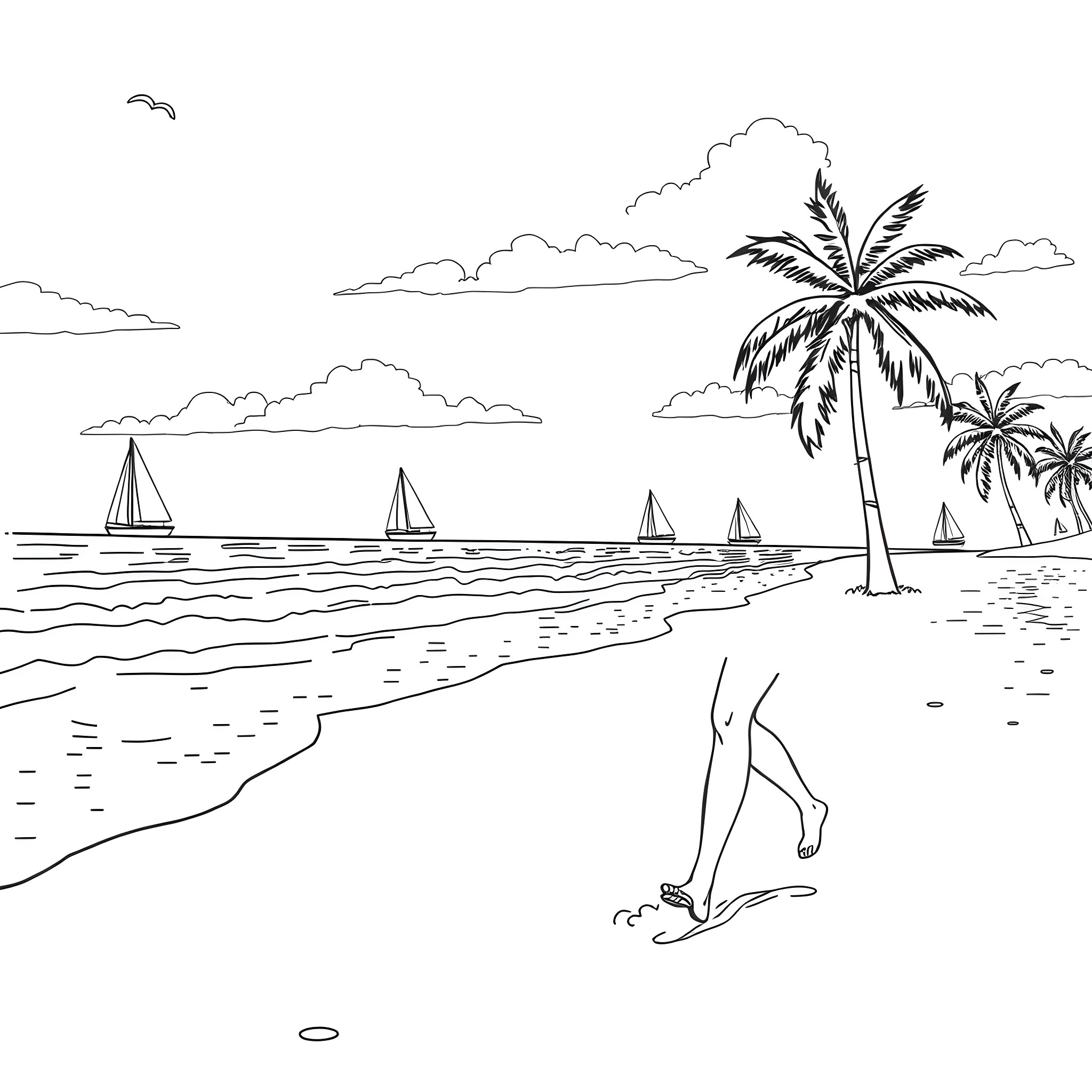 Sydney Sweeney enjoying a sunny beach day Coloring Page (free black-and-white line drawing printable PDF for all, from beginners to advanced learners, including children, teens, adults, and seniors)