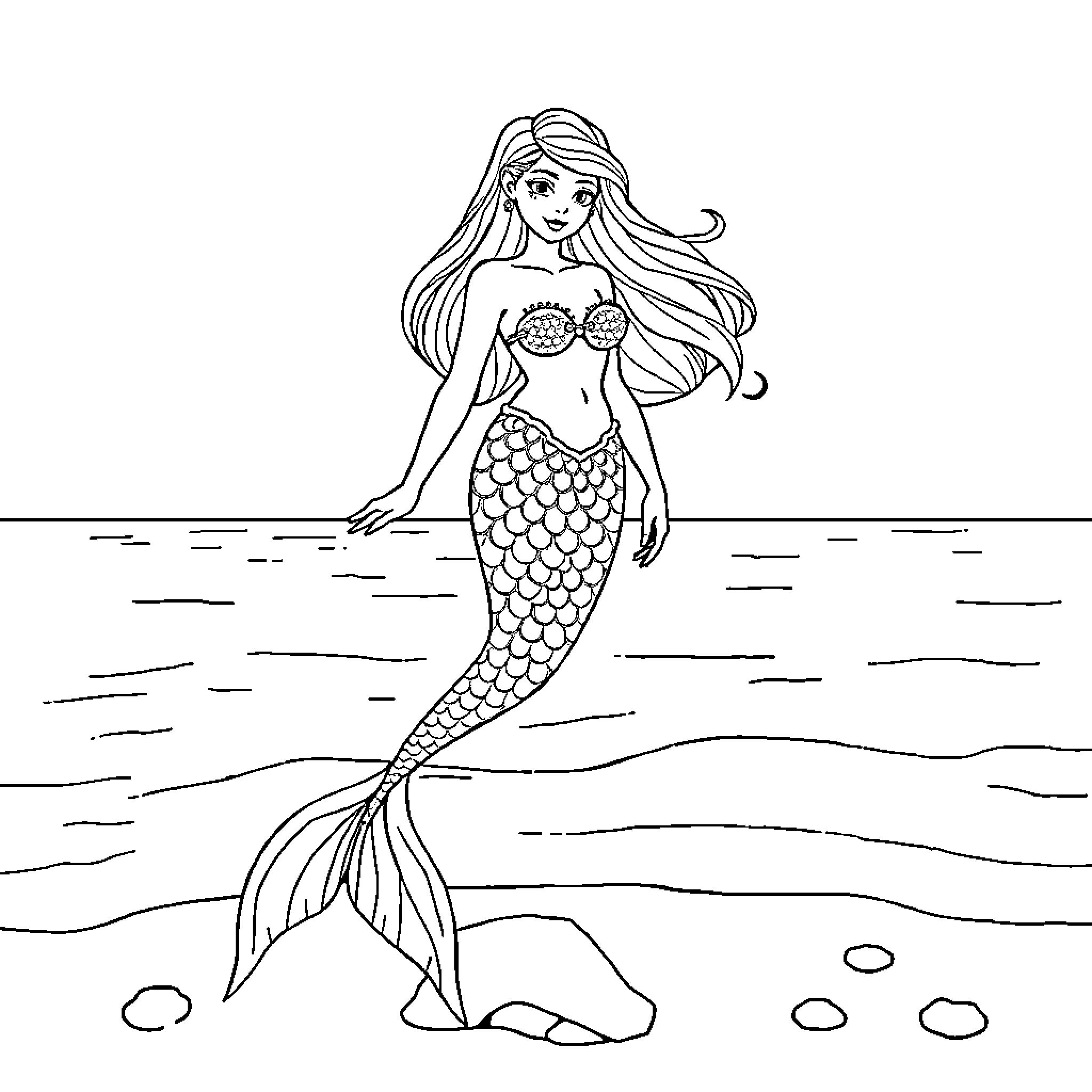 Mermaid swimming in the ocean Coloring Page (free black-and-white line drawing printable PDF for all, from beginners to advanced learners, including children, teens, adults, and seniors)