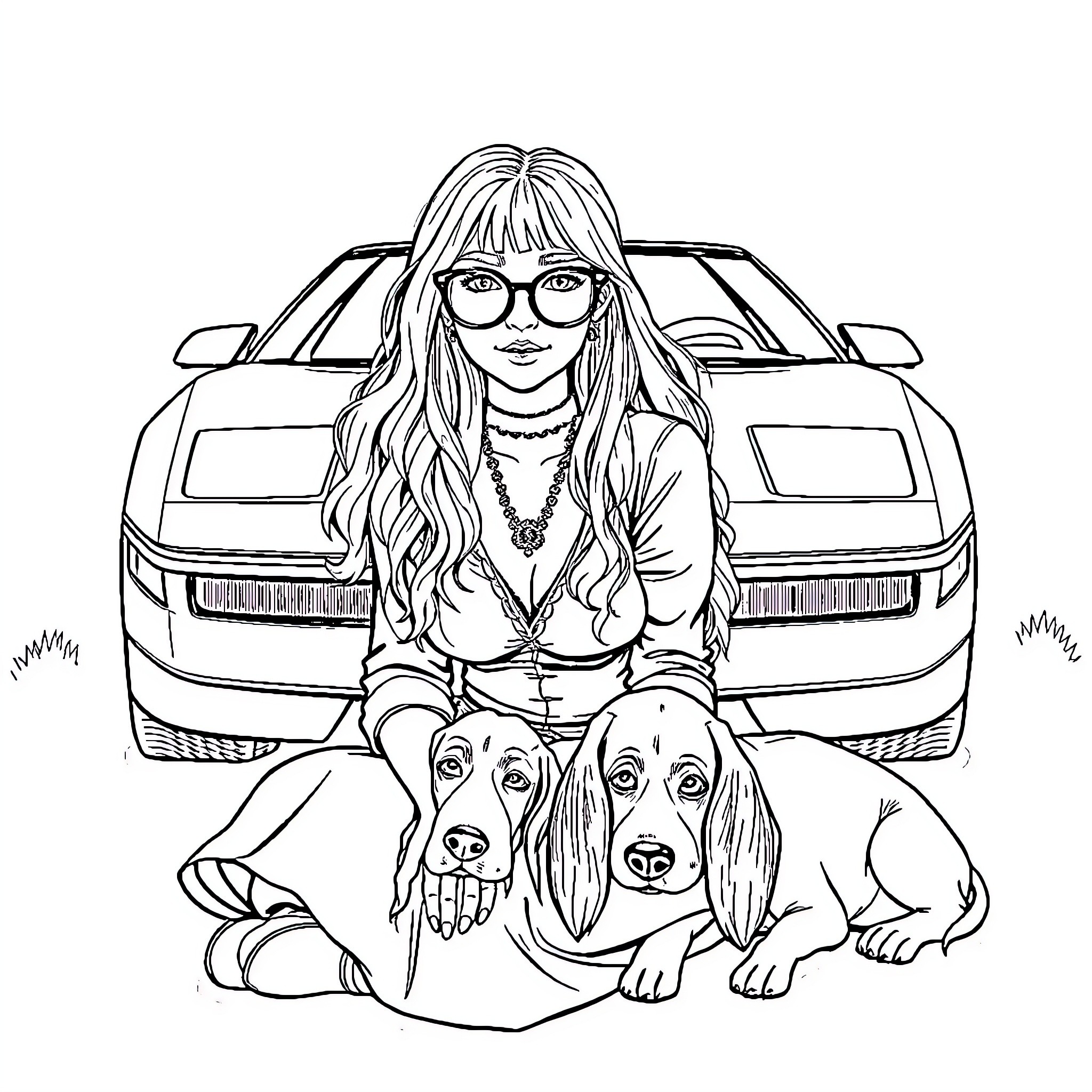 Girl and her dogs posing in front of a car Coloring Page (free black-and-white line drawing printable PDF for all, from beginners to advanced learners, including children, teens, adults, and seniors)
