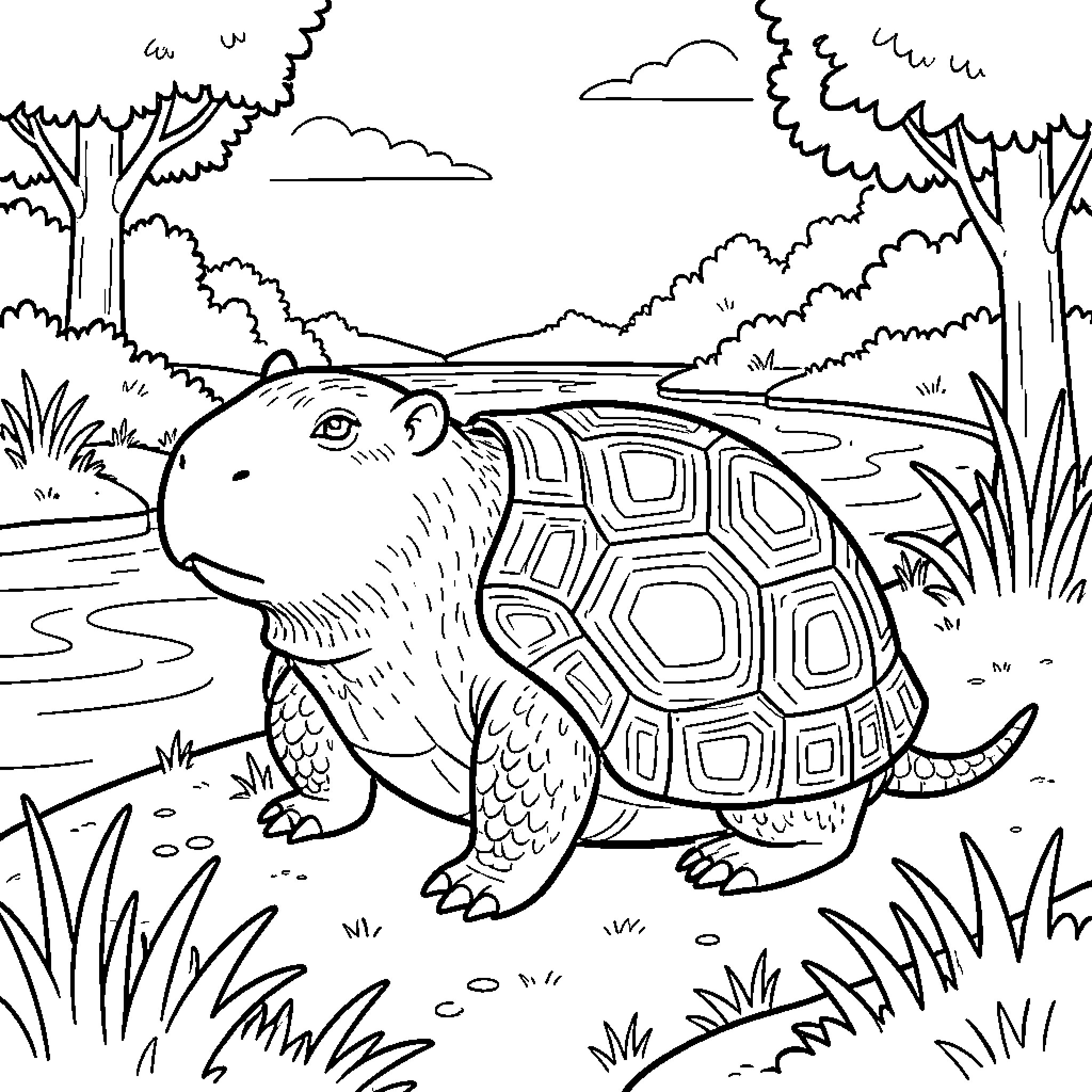 Turtle hybrid creature walking through a natural landscape Coloring Page (free black-and-white line drawing printable PDF for all, from beginners to advanced learners, including children, teens, adults, and seniors)
