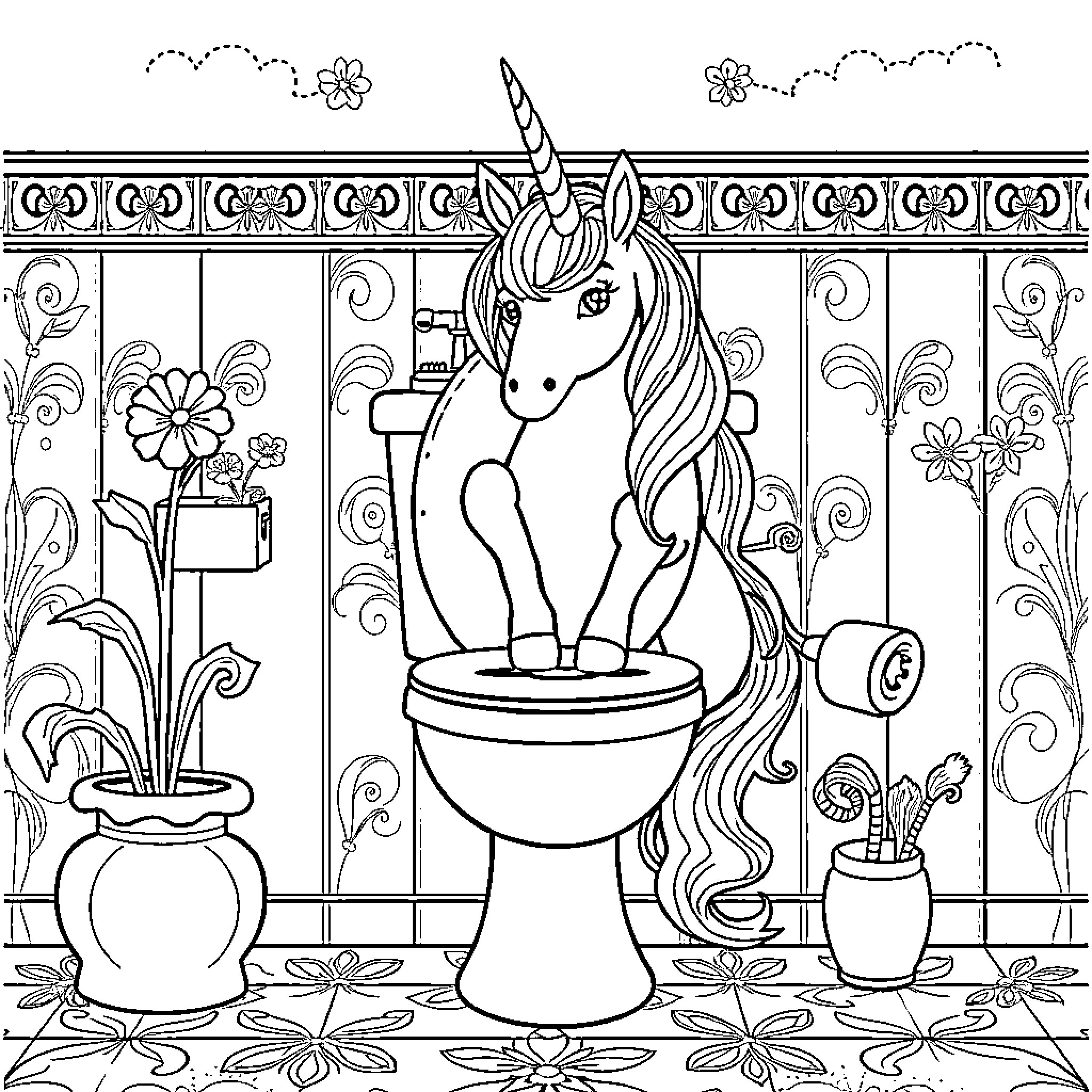 Unicorn lounging in a magical bathroom setting Coloring Page (free black-and-white line drawing printable PDF for all, from beginners to advanced learners, including children, teens, adults, and seniors)