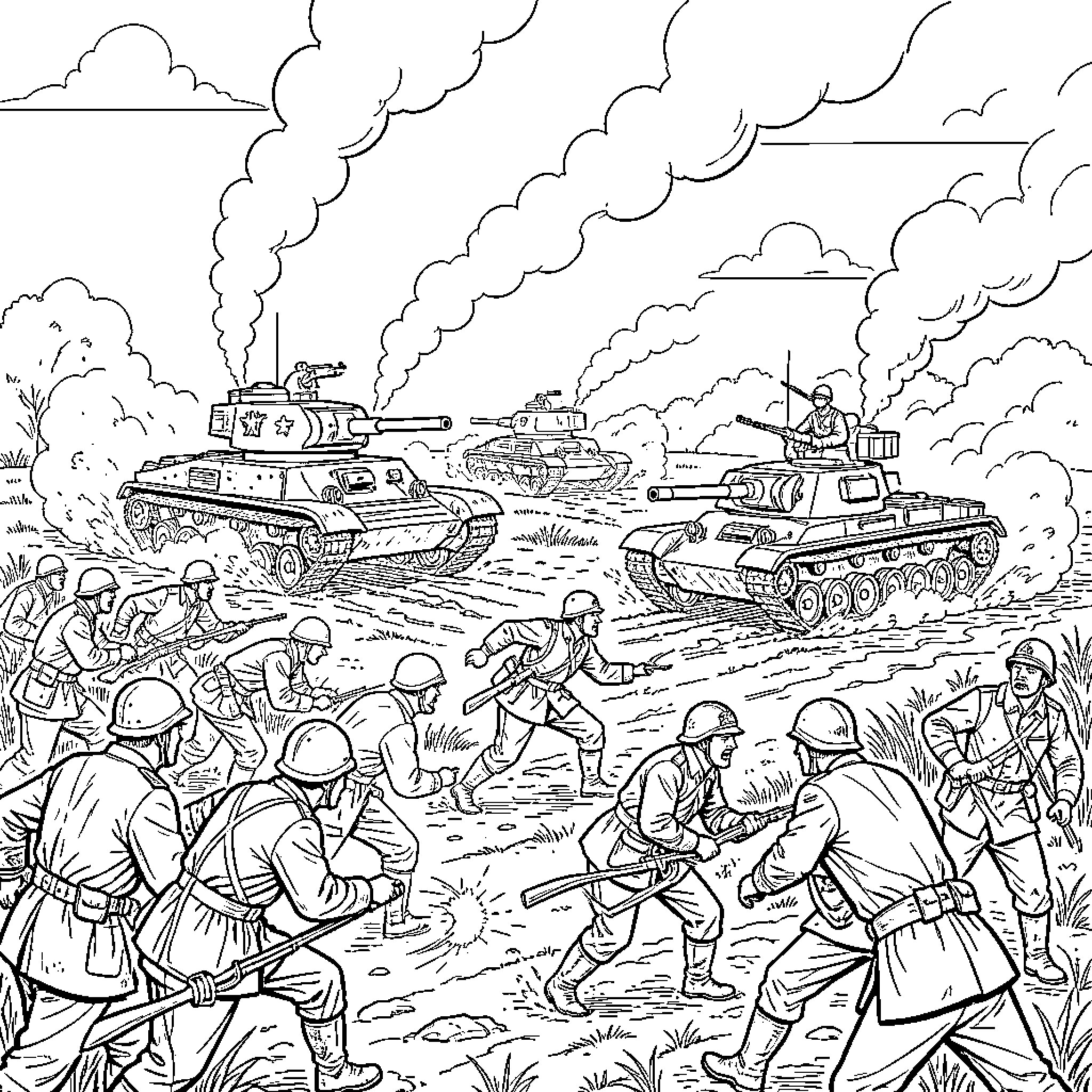 Battle of Armored Tanks and Infantry Forces Coloring Page (free black-and-white line drawing printable PDF for all, from beginners to advanced learners, including children, teens, adults, and seniors)
