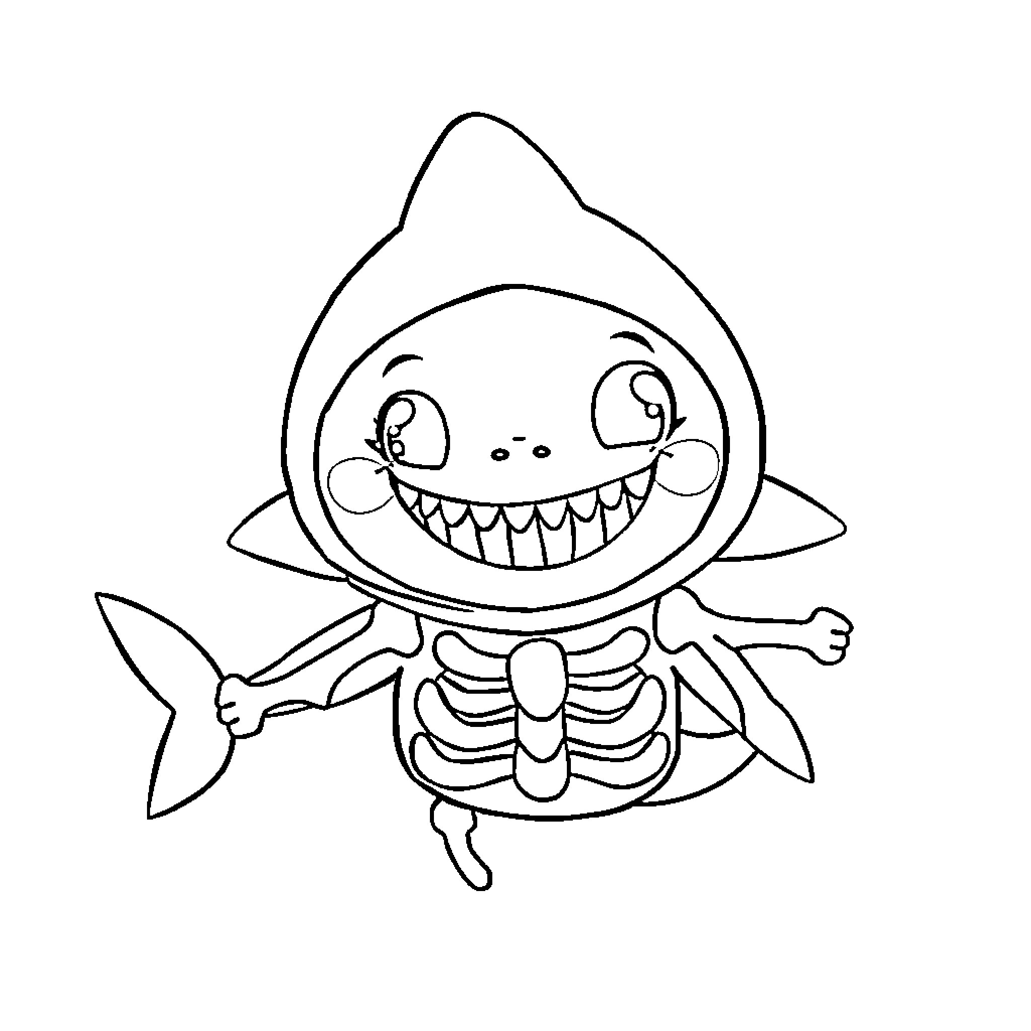 Shark skeleton with a happy expression Coloring Page (free black-and-white line drawing printable PDF for all, from beginners to advanced learners, including children, teens, adults, and seniors)
