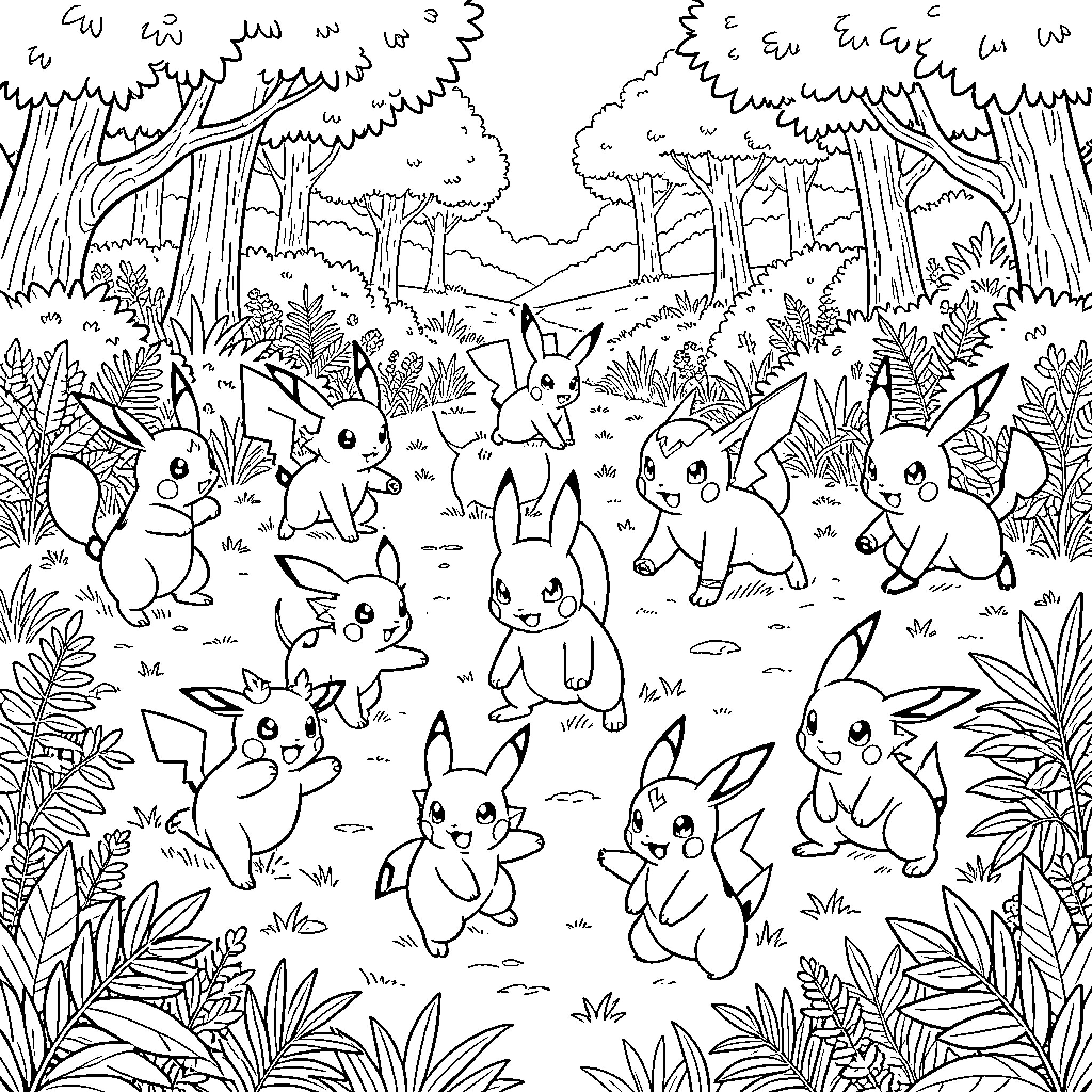 Pokémon playing together in a lush forest clearing Coloring Page (free black-and-white line drawing printable PDF for all, from beginners to advanced learners, including children, teens, adults, and seniors)