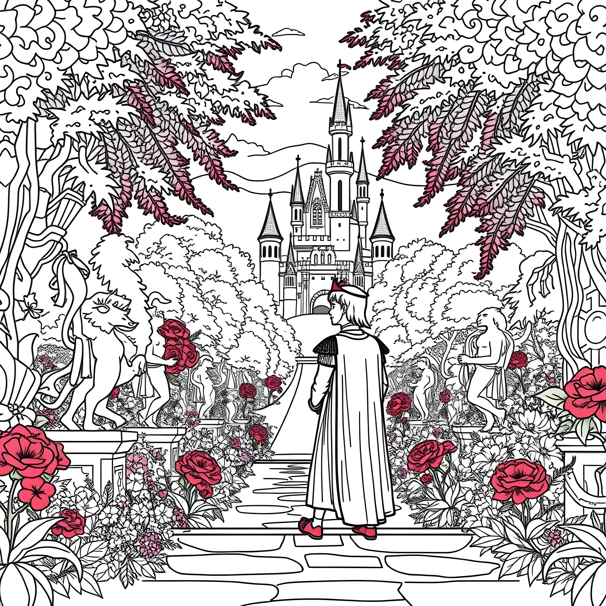 Prince's Journey Through the Enchanted Garden Coloring Page (free black-and-white line drawing printable PDF for all, from beginners to advanced learners, including children, teens, adults, and seniors)