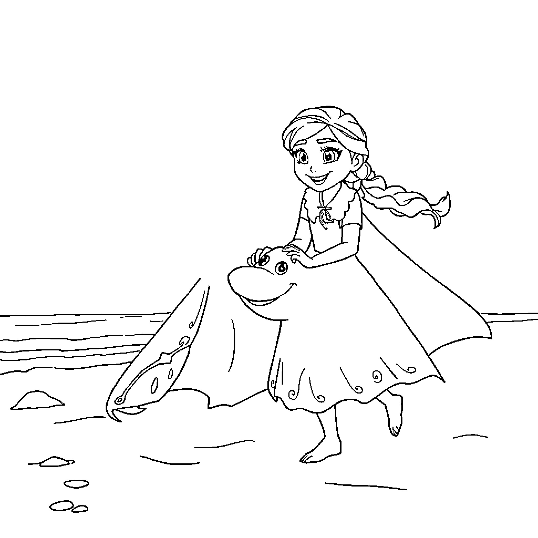 Frozen girl playing with cute animal in the water Coloring Page (free black-and-white line drawing printable PDF for all, from beginners to advanced learners, including children, teens, adults, and seniors)