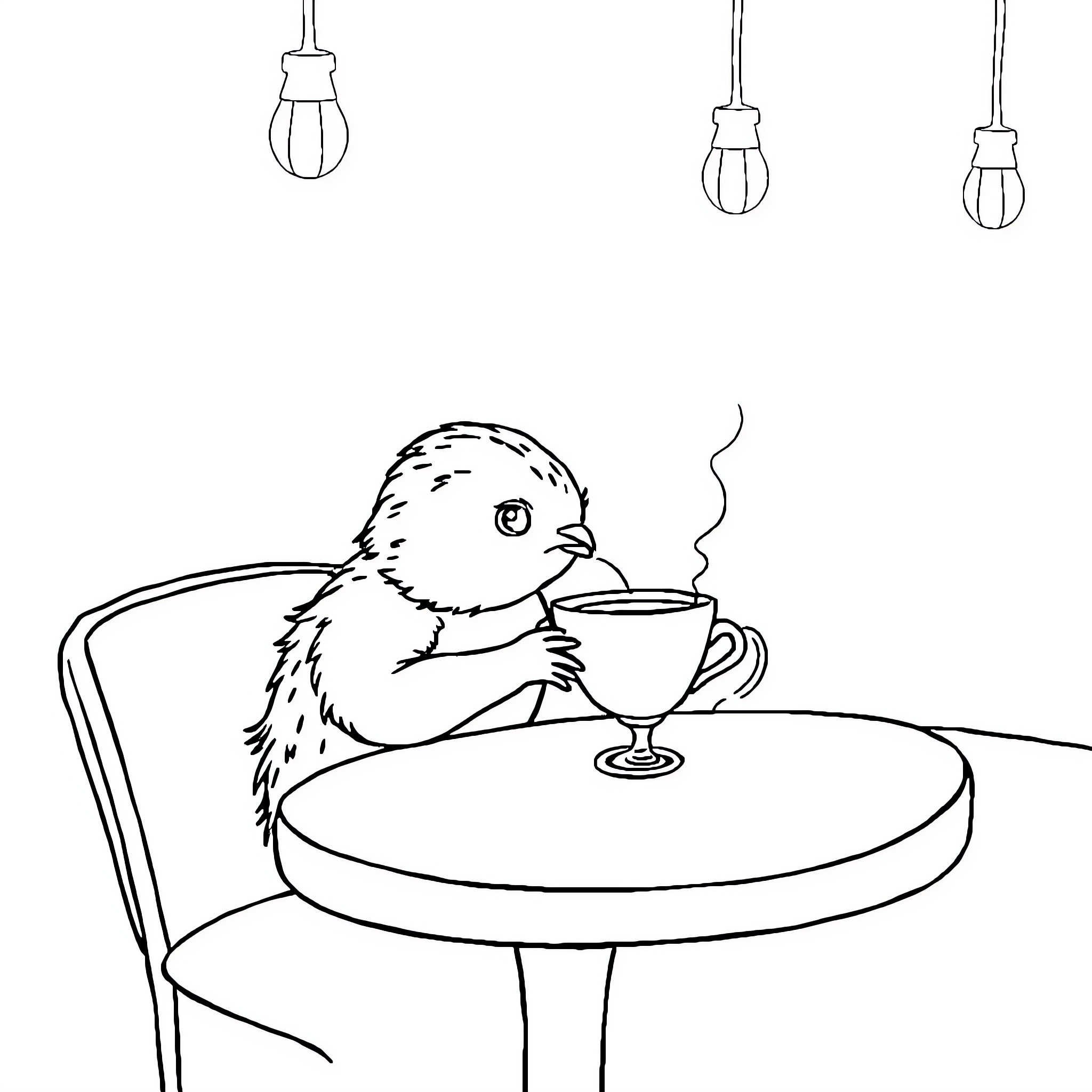 Bat enjoying a warm beverage in cozy setting Coloring Page (free black-and-white line drawing printable PDF for all, from beginners to advanced learners, including children, teens, adults, and seniors)