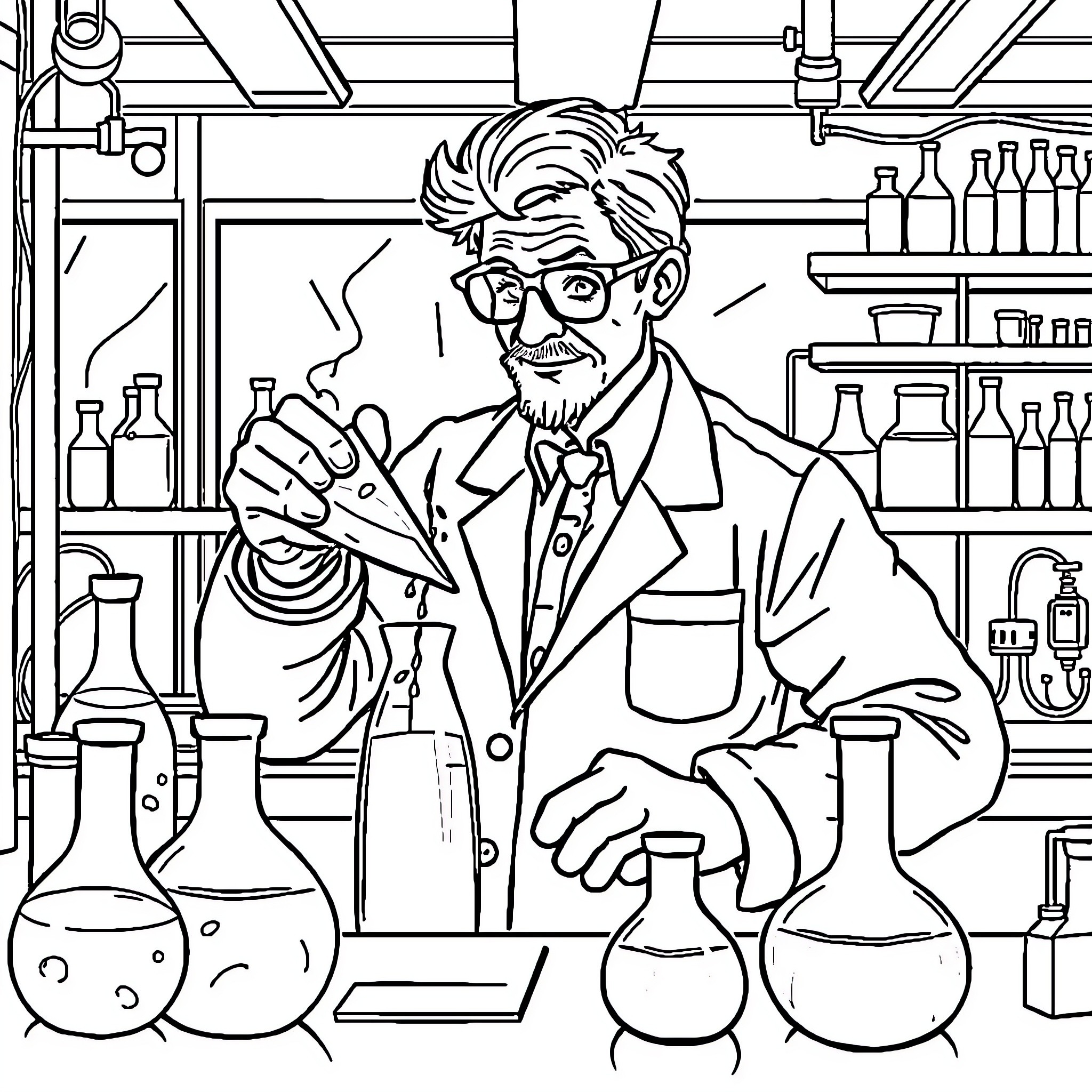 Scientist Experimenting Intently in Laboratory Setting Coloring Page (free black-and-white line drawing printable PDF for all, from beginners to advanced learners, including children, teens, adults, and seniors)