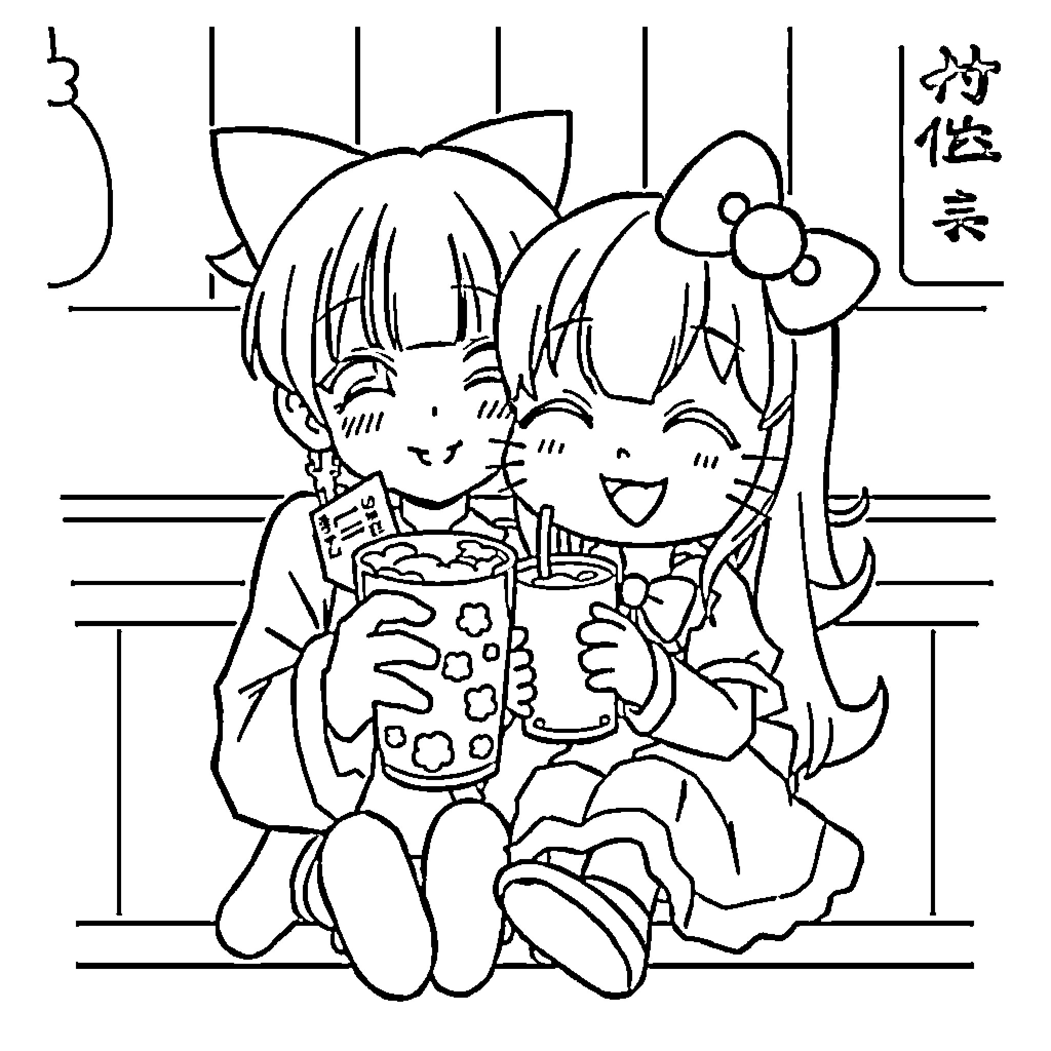Kuromi and Sanrio Friend Enjoying Snacks Together Coloring Page (free black-and-white line drawing printable PDF for all, from beginners to advanced learners, including children, teens, adults, and seniors)