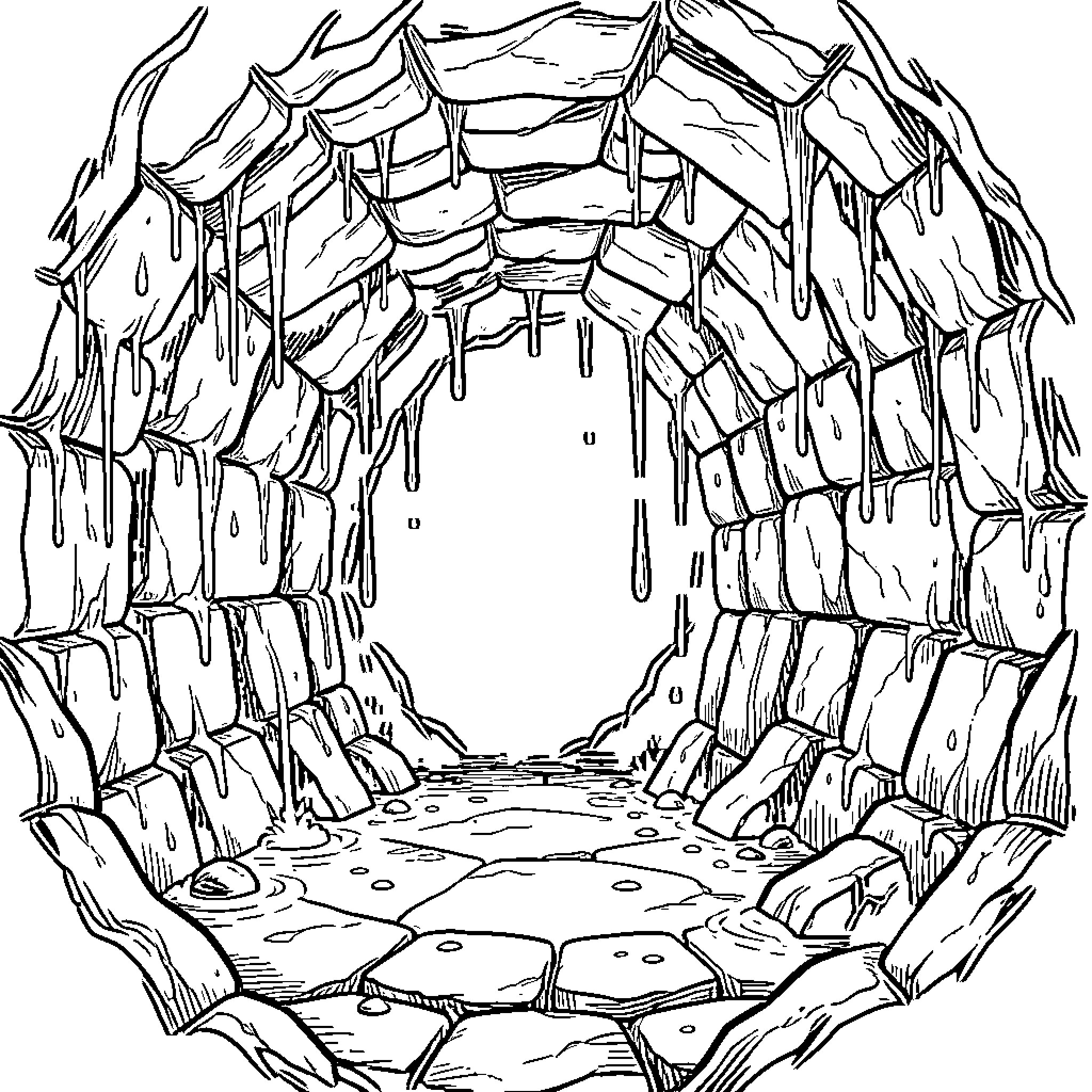 Cave entrance with rocky formations Coloring Page (free black-and-white line drawing printable PDF for all, from beginners to advanced learners, including children, teens, adults, and seniors)