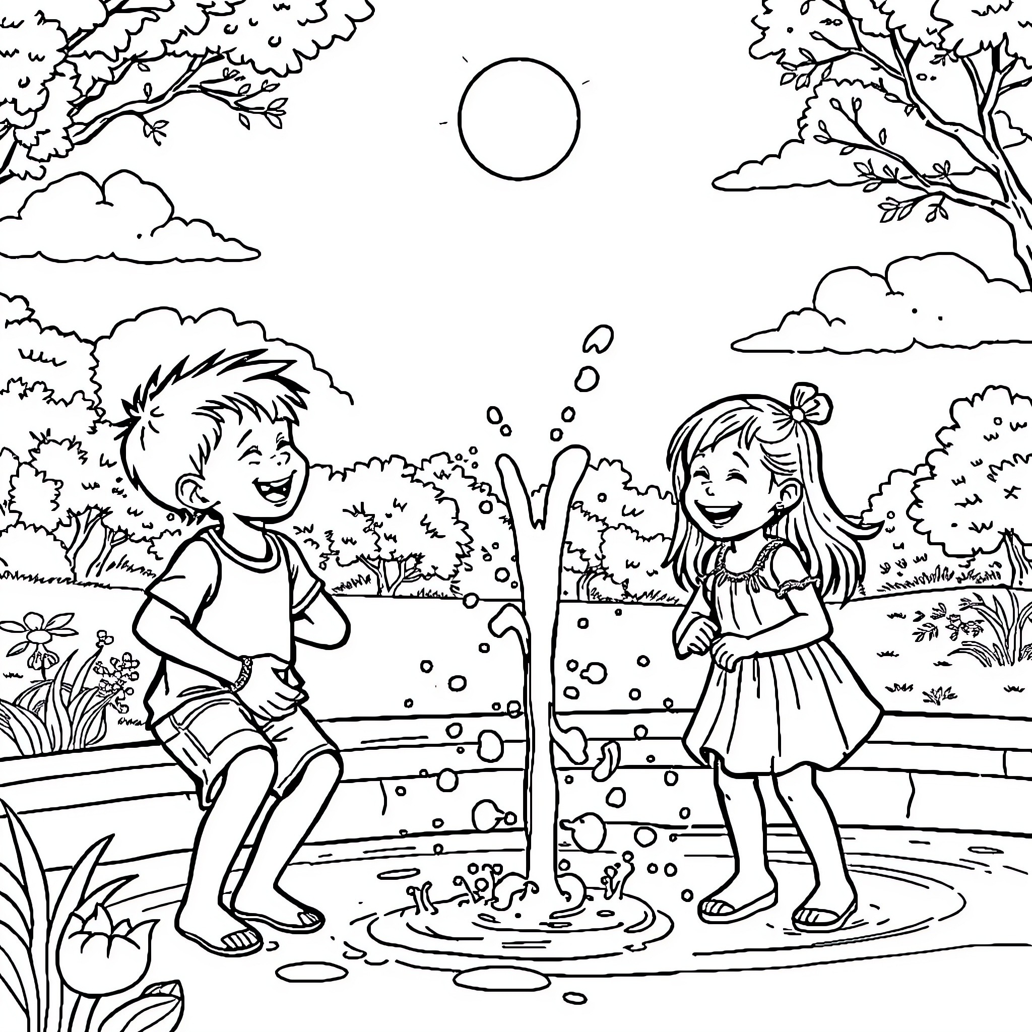 Child playing and splashing in puddles with friend Coloring Page (free black-and-white line drawing printable PDF for all, from beginners to advanced learners, including children, teens, adults, and seniors)