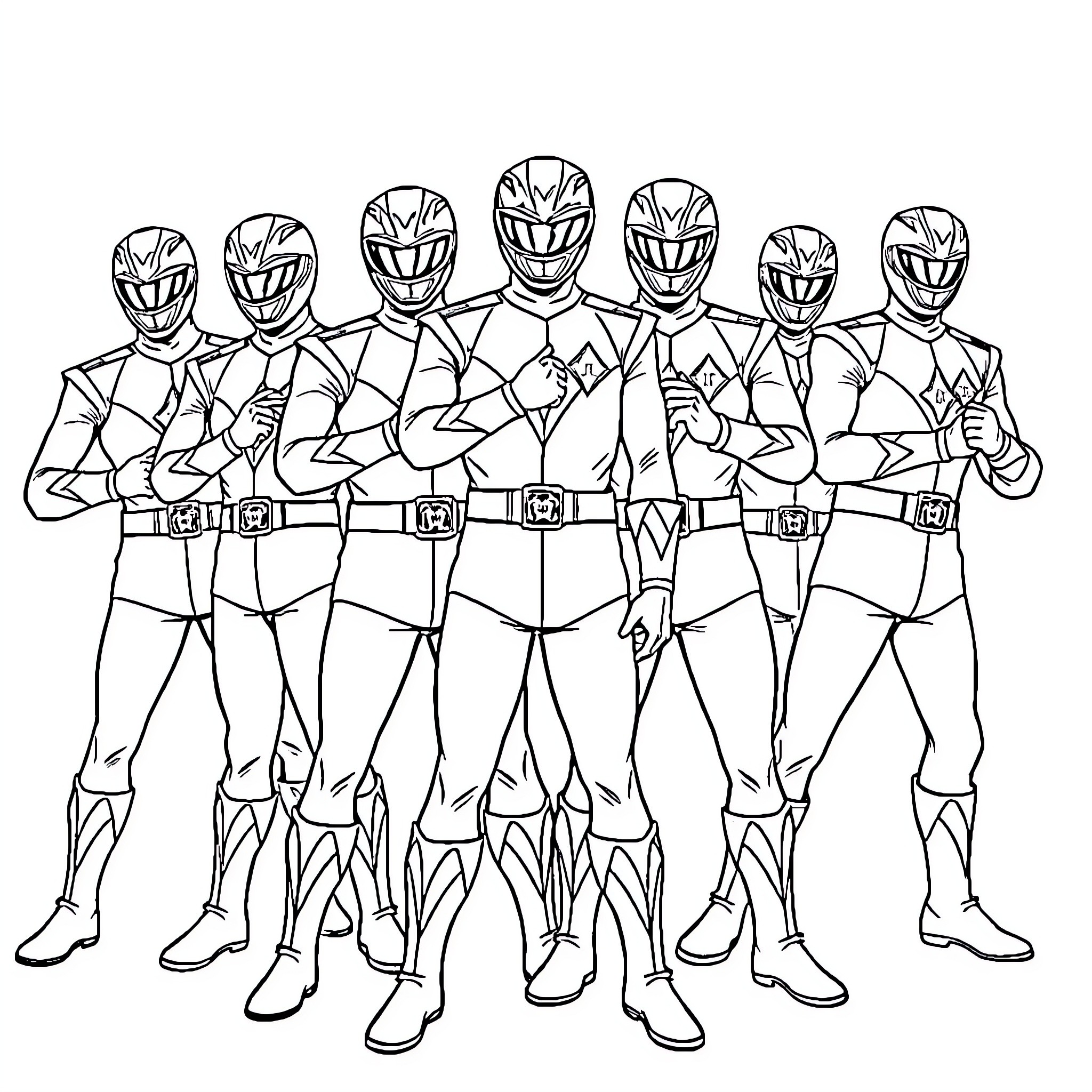 Power Rangers Heroic Team in Action Poses Coloring Page (free black-and-white line drawing printable PDF for all, from beginners to advanced learners, including children, teens, adults, and seniors)