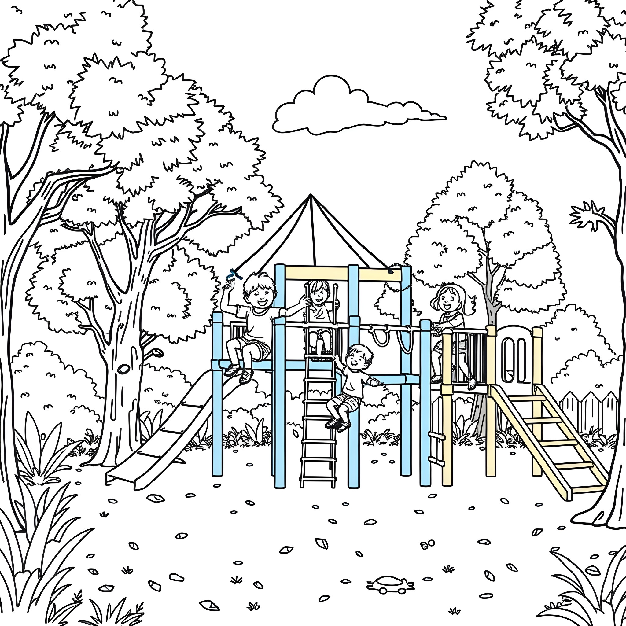 Kids playing on playground equipment in the park Coloring Page (free black-and-white line drawing printable PDF for all, from beginners to advanced learners, including children, teens, adults, and seniors)