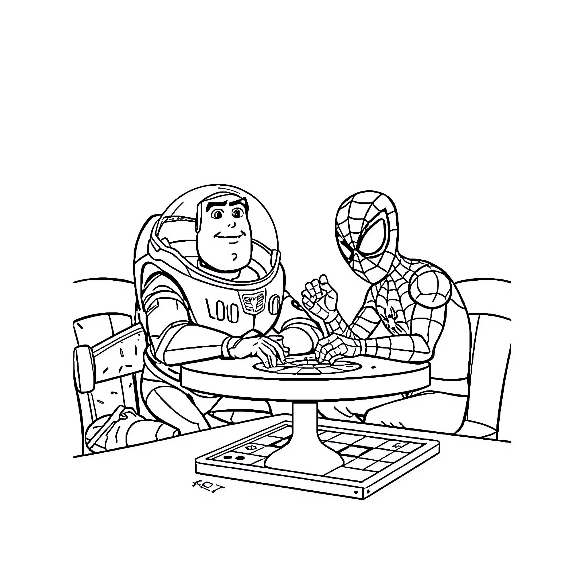 Buzz Lightyear and Spider-Man share a meal Coloring Page (free black-and-white line drawing printable PDF for all, from beginners to advanced learners, including children, teens, adults, and seniors)