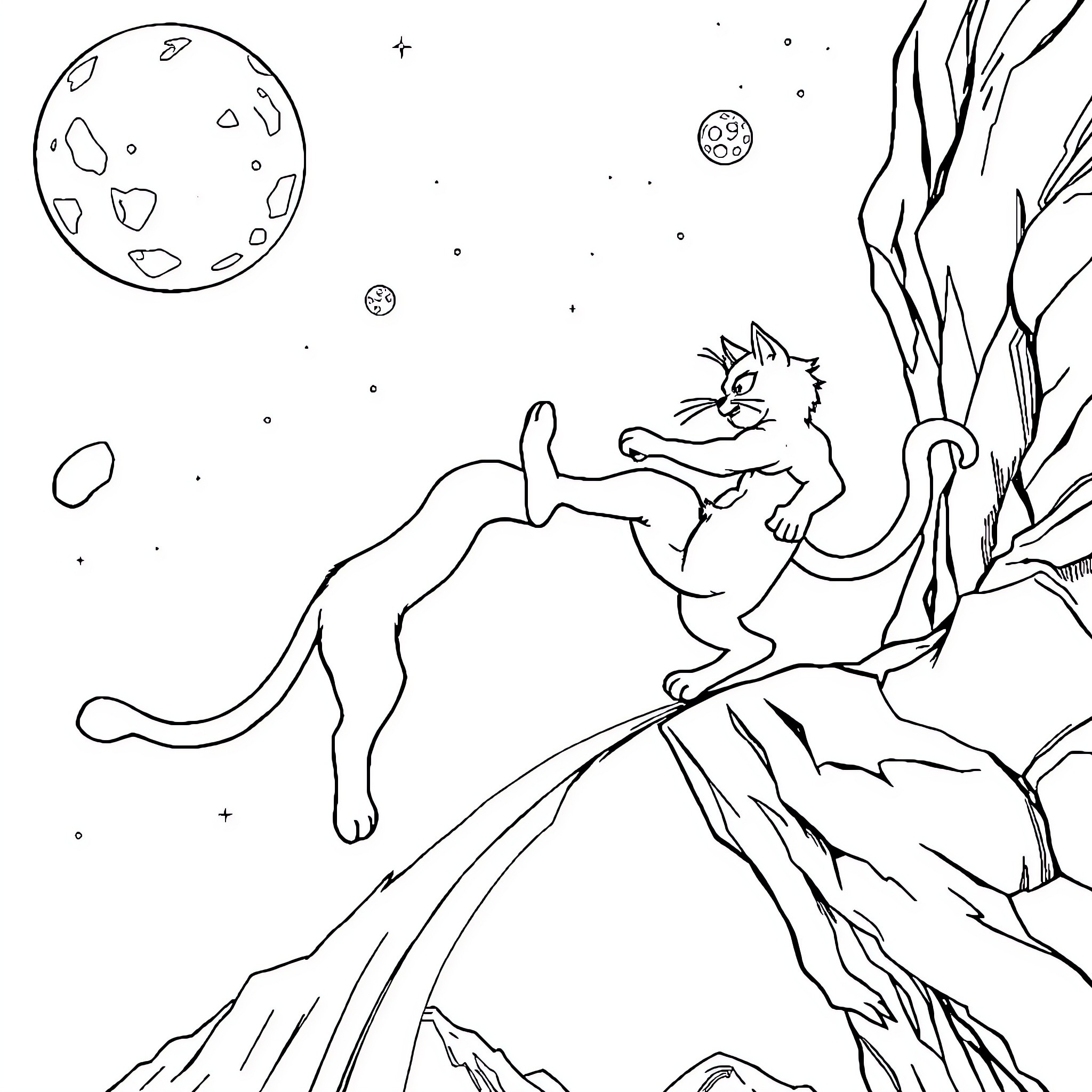 Cat exploring the moonlit landscape Coloring Page (free black-and-white line drawing printable PDF for all, from beginners to advanced learners, including children, teens, adults, and seniors)
