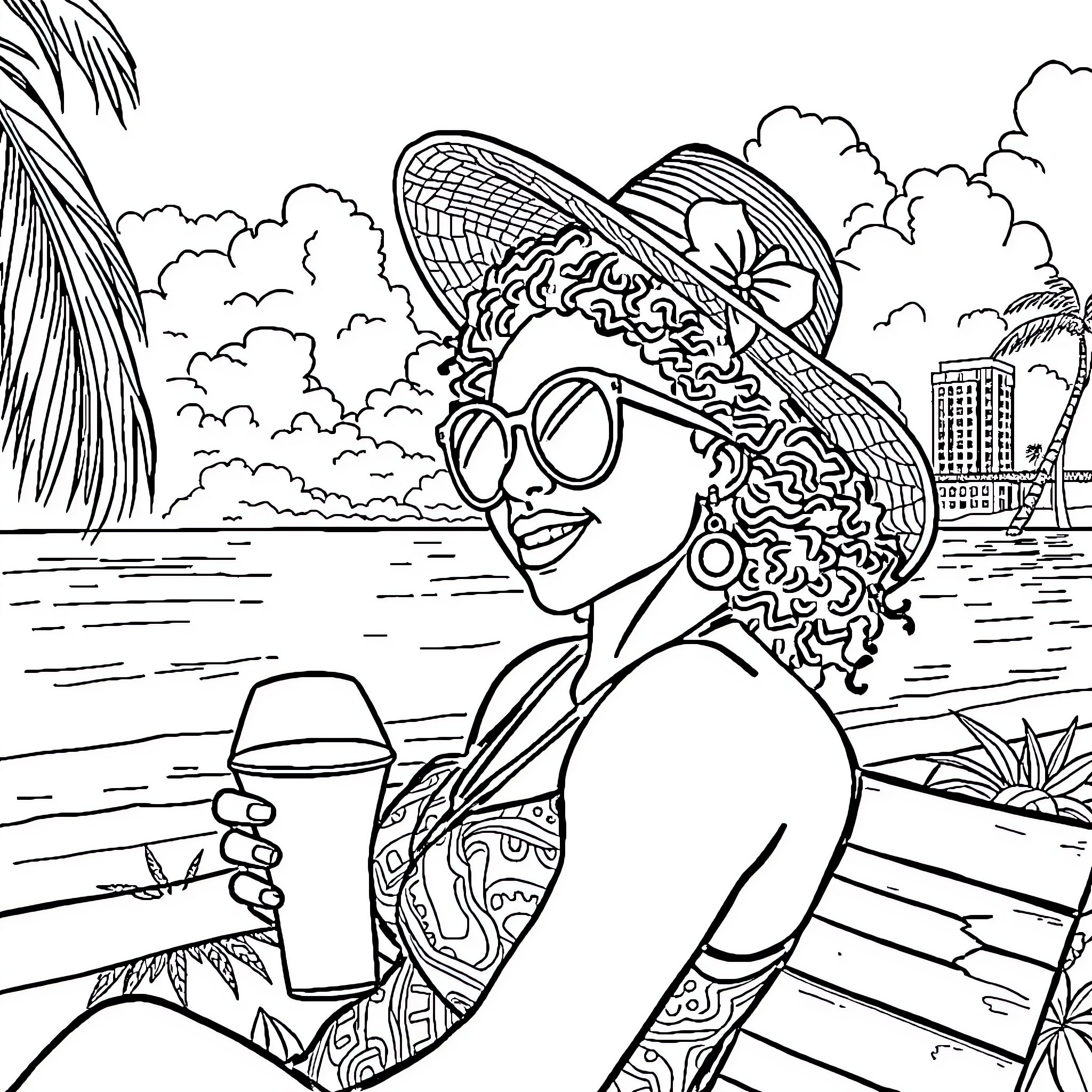Mamanayo relaxing by the beach with a drink Coloring Page (free black-and-white line drawing printable PDF for all, from beginners to advanced learners, including children, teens, adults, and seniors)