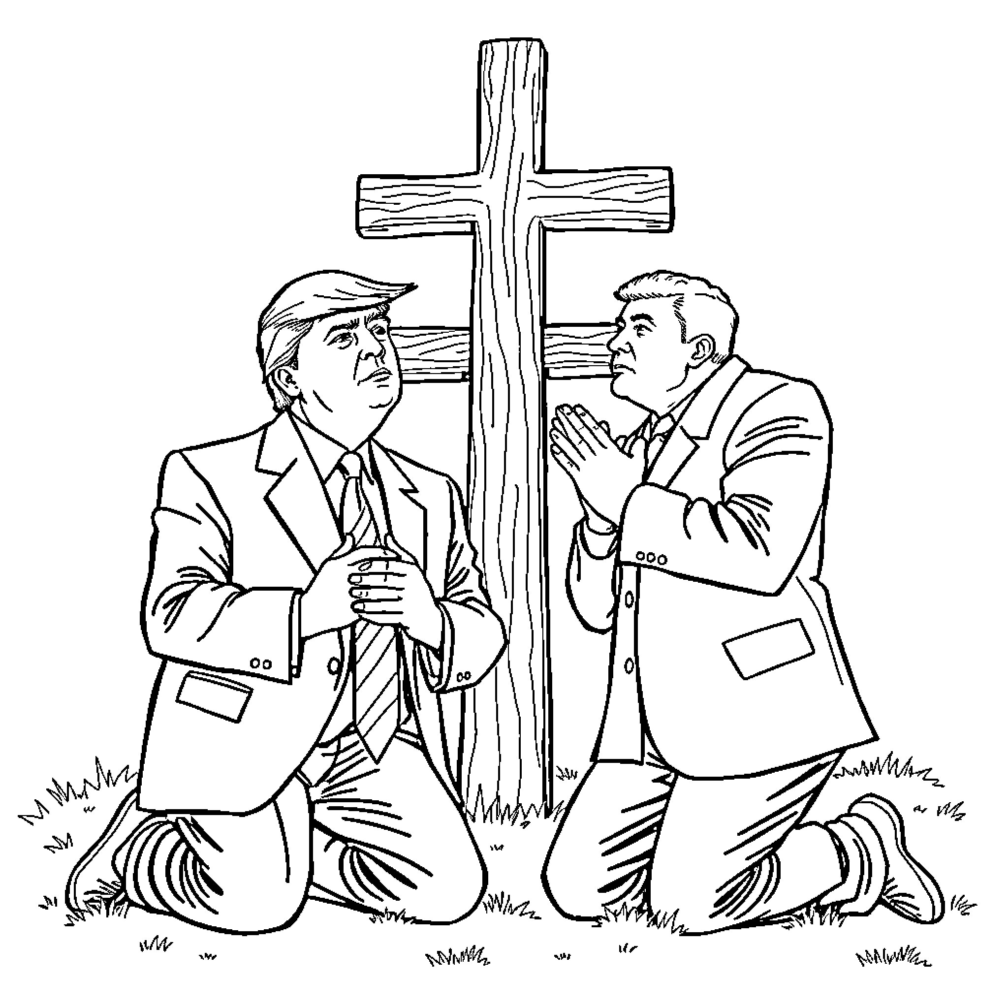 Donald Trump and another man praying before a cross Coloring Page (free black-and-white line drawing printable PDF for all, from beginners to advanced learners, including children, teens, adults, and seniors)