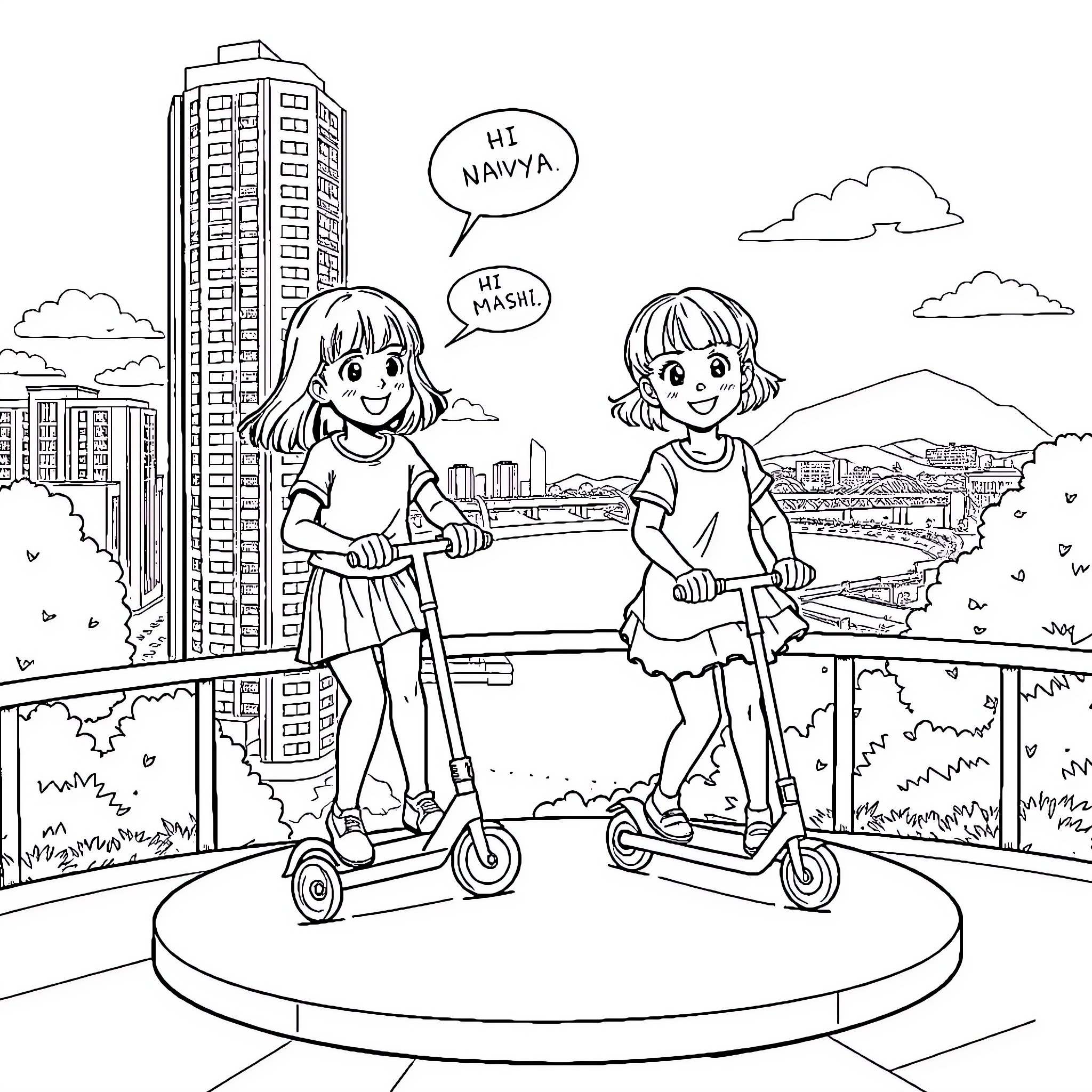 Girls riding scooters in the city Coloring Page (free black-and-white line drawing printable PDF for all, from beginners to advanced learners, including children, teens, adults, and seniors)