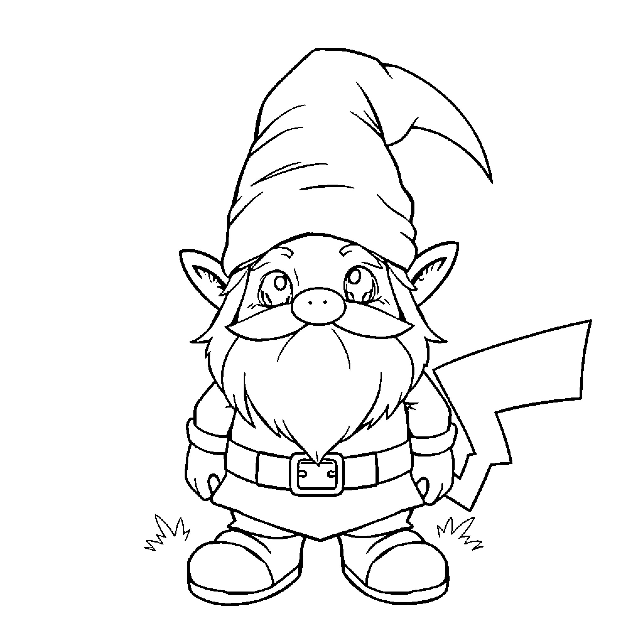 Pokémon Garden Gnome in Playful Pose Coloring Page (free black-and-white line drawing printable PDF for all, from beginners to advanced learners, including children, teens, adults, and seniors)