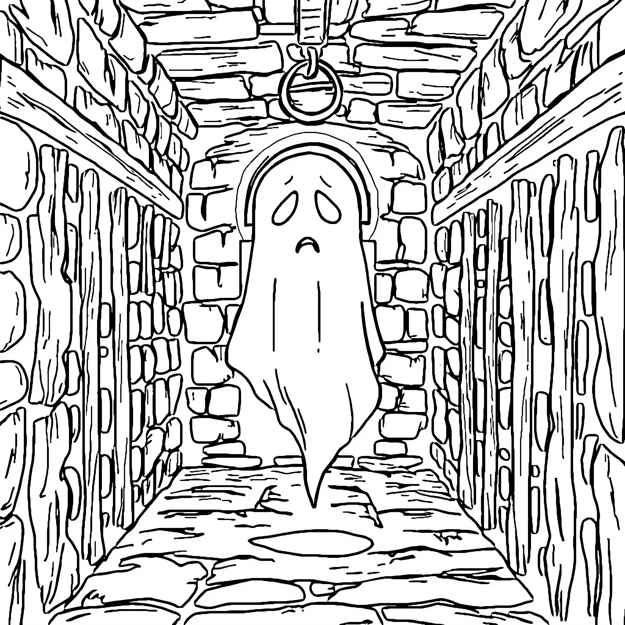 Ghost floating in a spooky hallway Coloring Page (free black-and-white line drawing printable PDF for all, from beginners to advanced learners, including children, teens, adults, and seniors)