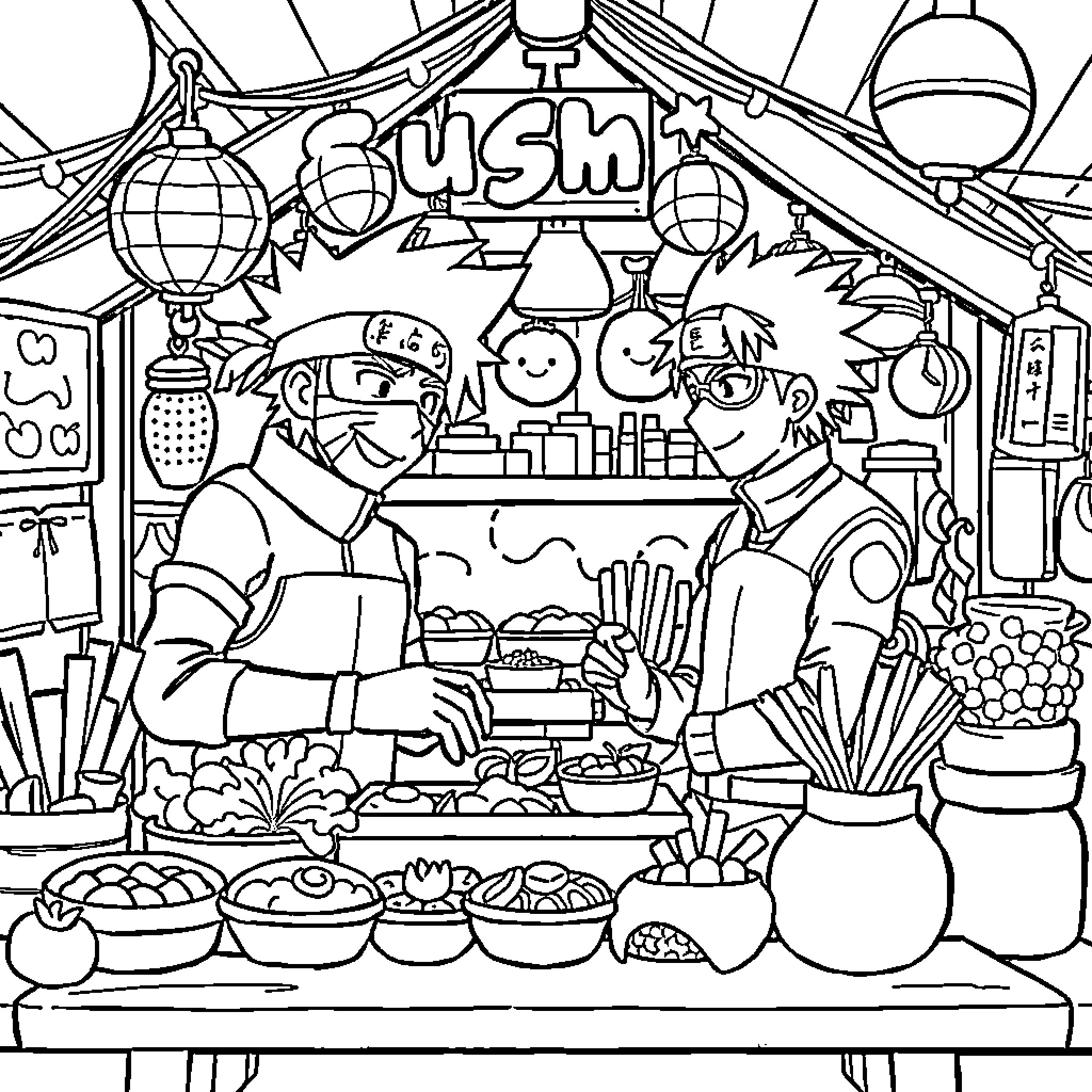 Kakashi's Vibrant Street Food Stall Coloring Page (free black-and-white line drawing printable PDF for all, from beginners to advanced learners, including children, teens, adults, and seniors)