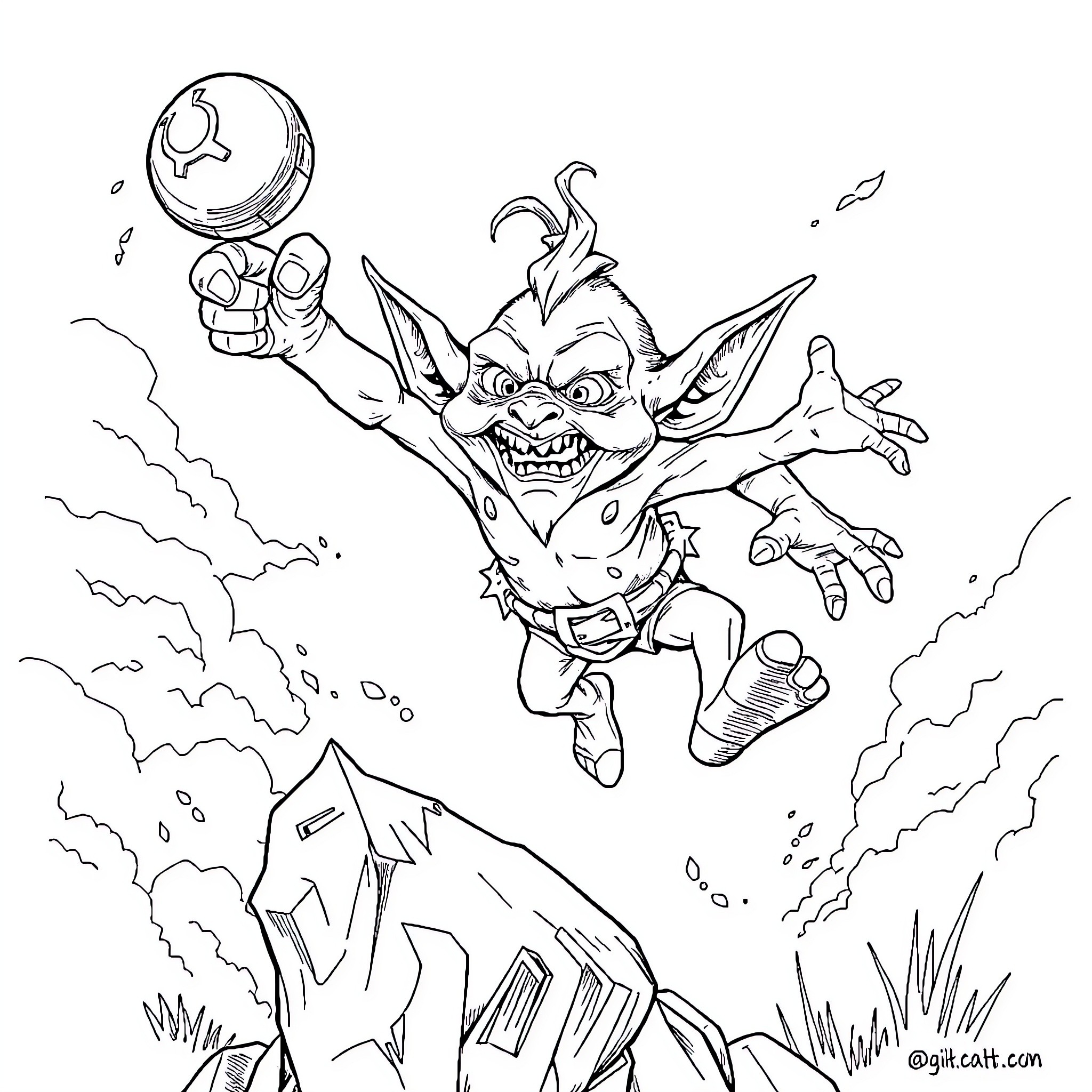 Goblin Mischief in the Wilderness Coloring Page (free black-and-white line drawing printable PDF for all, from beginners to advanced learners, including children, teens, adults, and seniors)