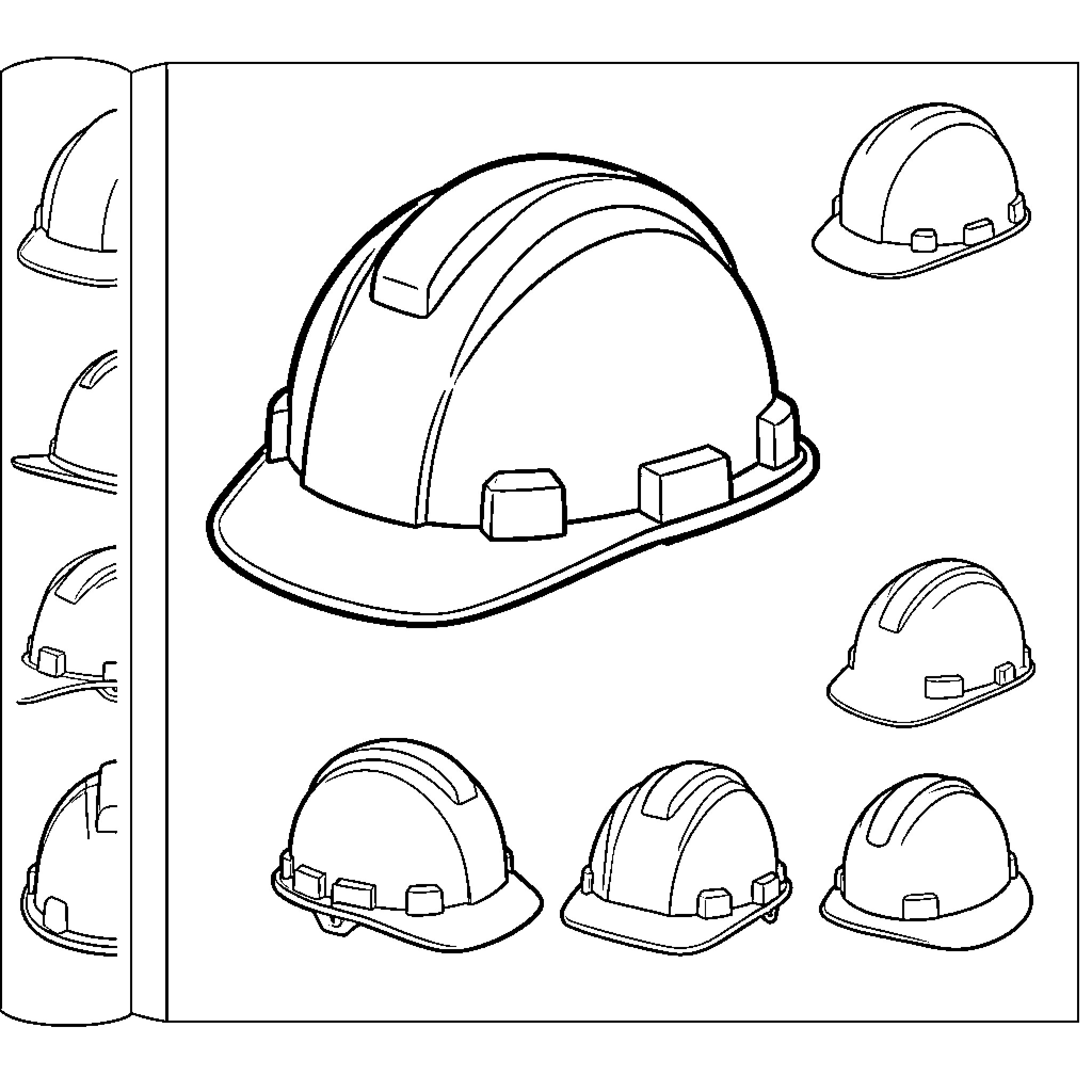 Hard Hat collection shown from various angles Coloring Page (free black-and-white line drawing printable PDF for all, from beginners to advanced learners, including children, teens, adults, and seniors)