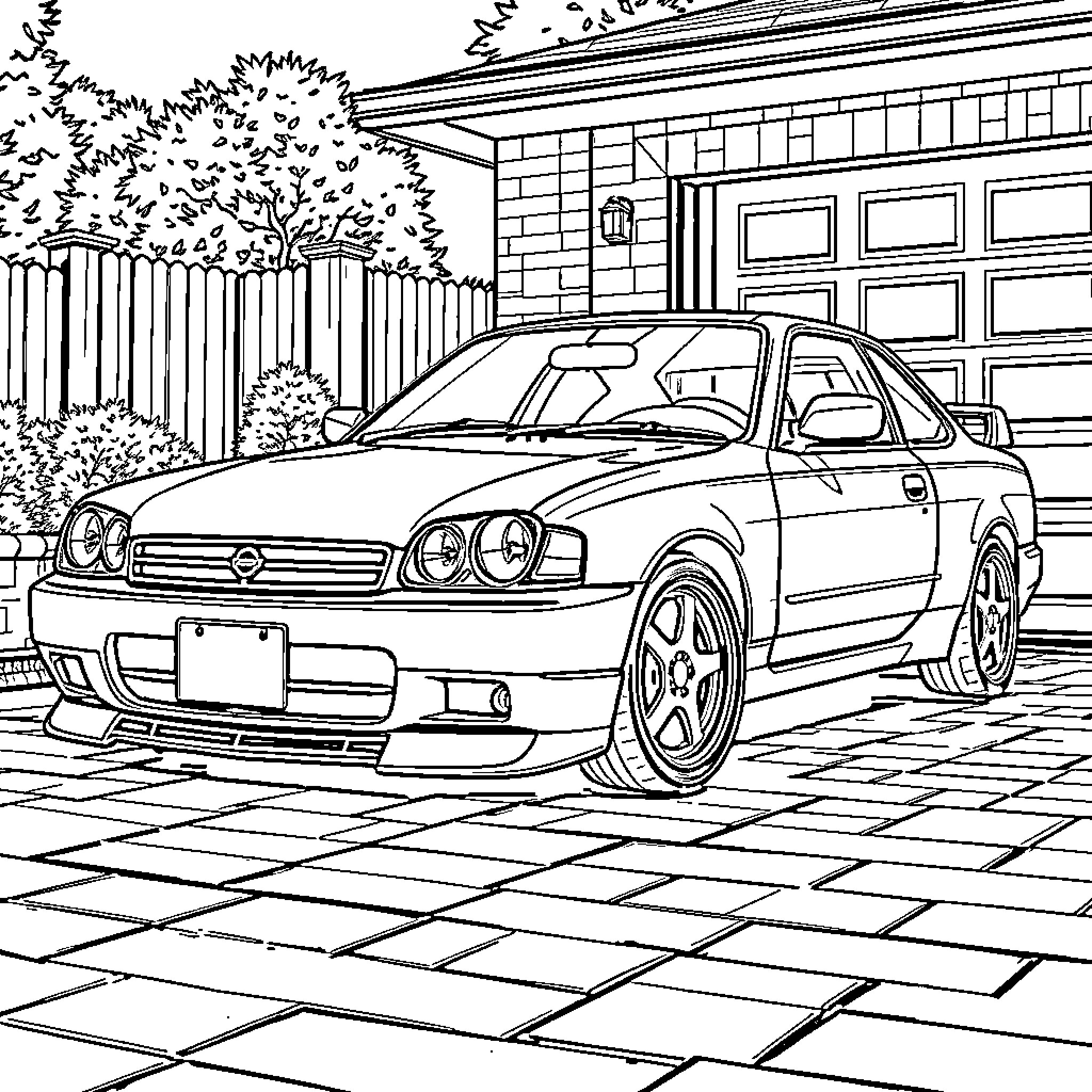 Nissan Sunny parked in a driveway with trees Coloring Page (free black-and-white line drawing printable PDF for all, from beginners to advanced learners, including children, teens, adults, and seniors)