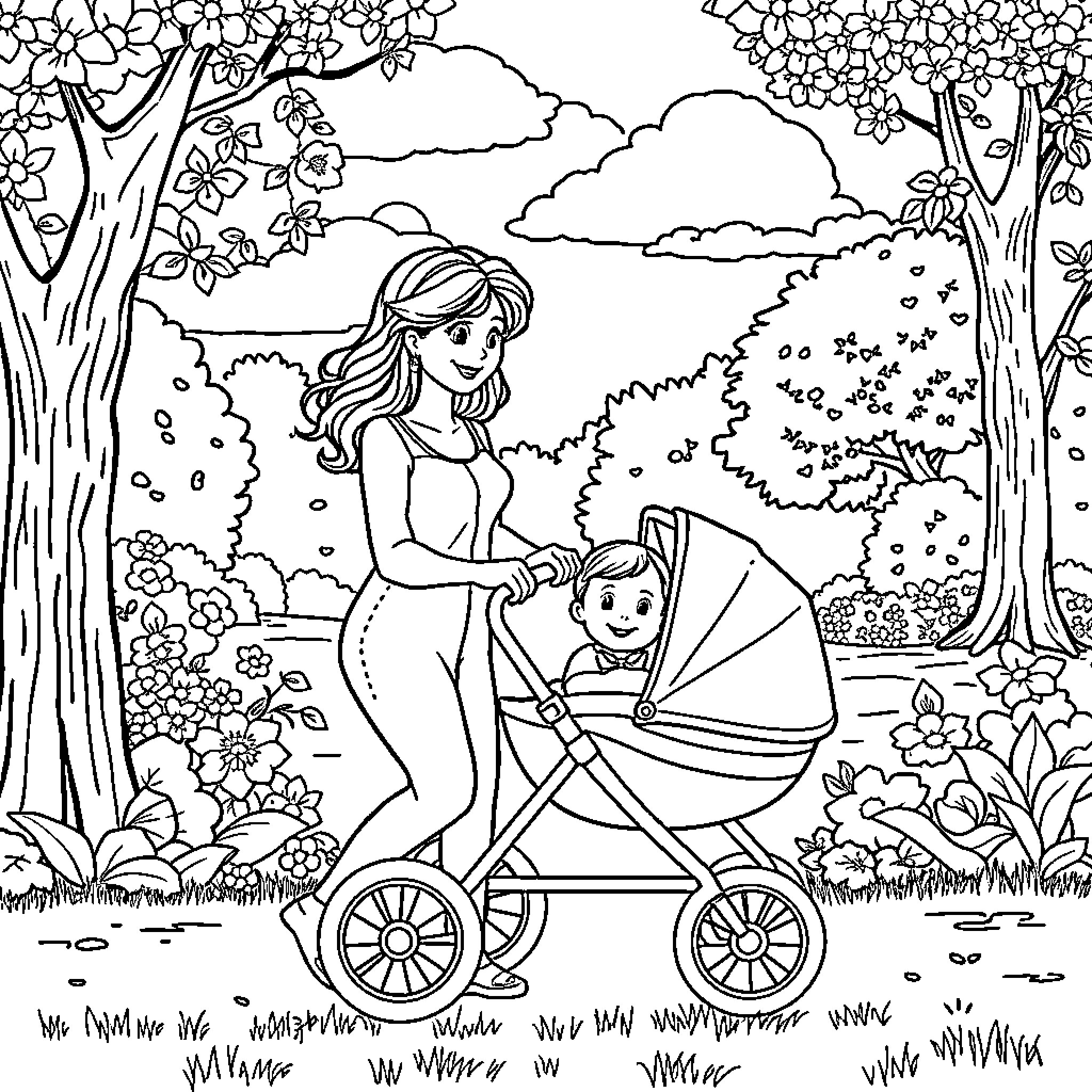 Mother and child enjoying a stroll in the park Coloring Page (free black-and-white line drawing printable PDF for all, from beginners to advanced learners, including children, teens, adults, and seniors)