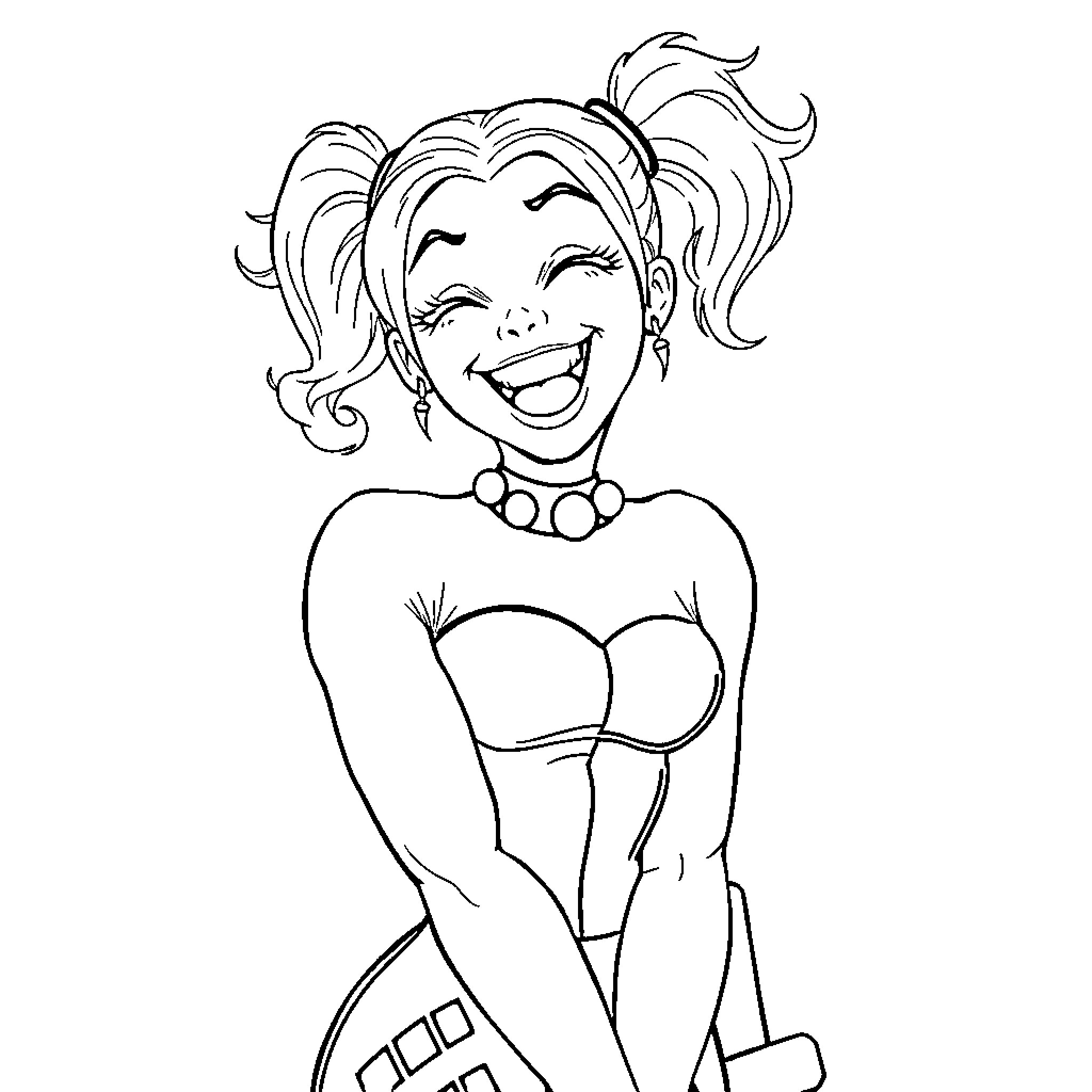 Harley Quinn's Vibrant Smile and Expressive Outfit Coloring Page (free black-and-white line drawing printable PDF for all, from beginners to advanced learners, including children, teens, adults, and seniors)