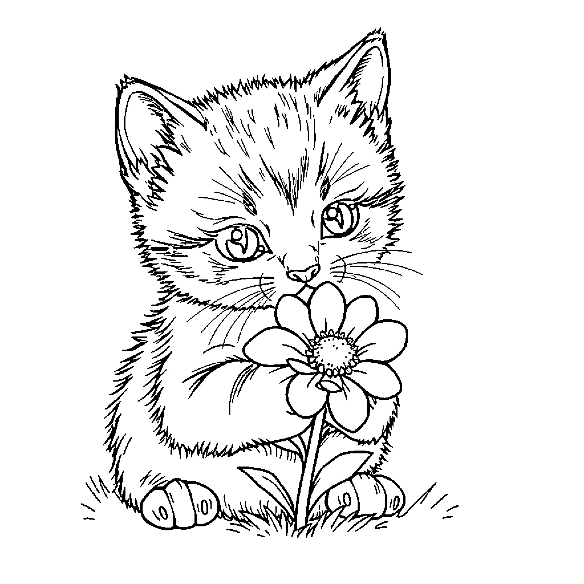 Kitten playing with flower in the meadow Coloring Page (free black-and-white line drawing printable PDF for all, from beginners to advanced learners, including children, teens, adults, and seniors)